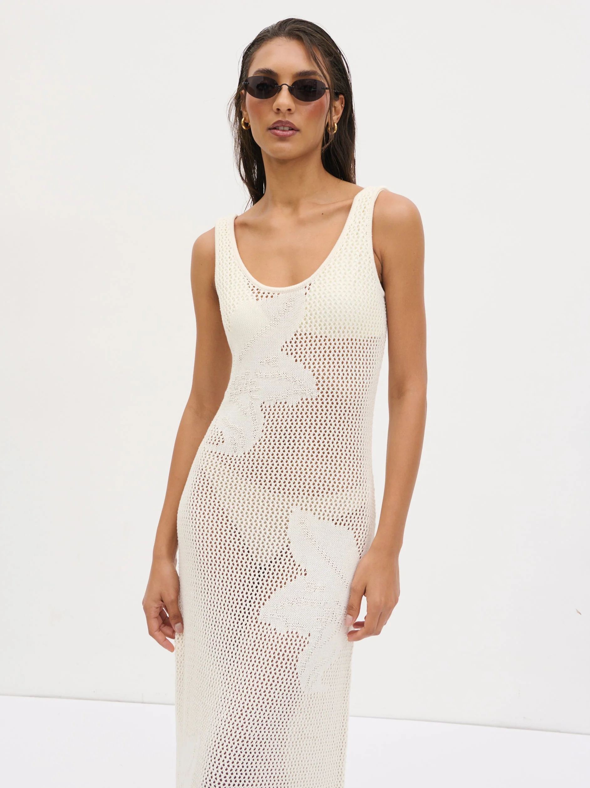 Kailani Floral Openwork Knit Dress - Cream - Image 4