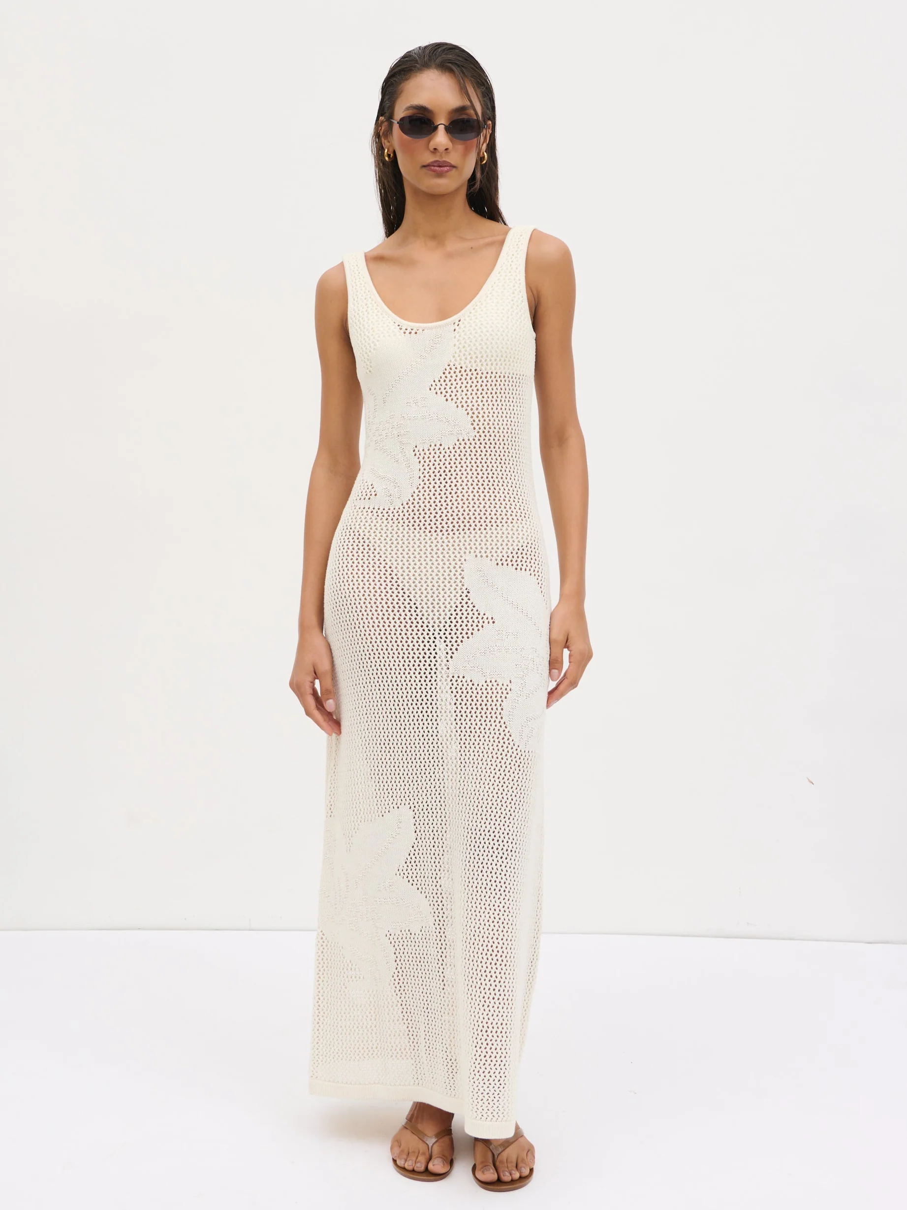 Kailani Floral Openwork Knit Dress - Cream - Image 7