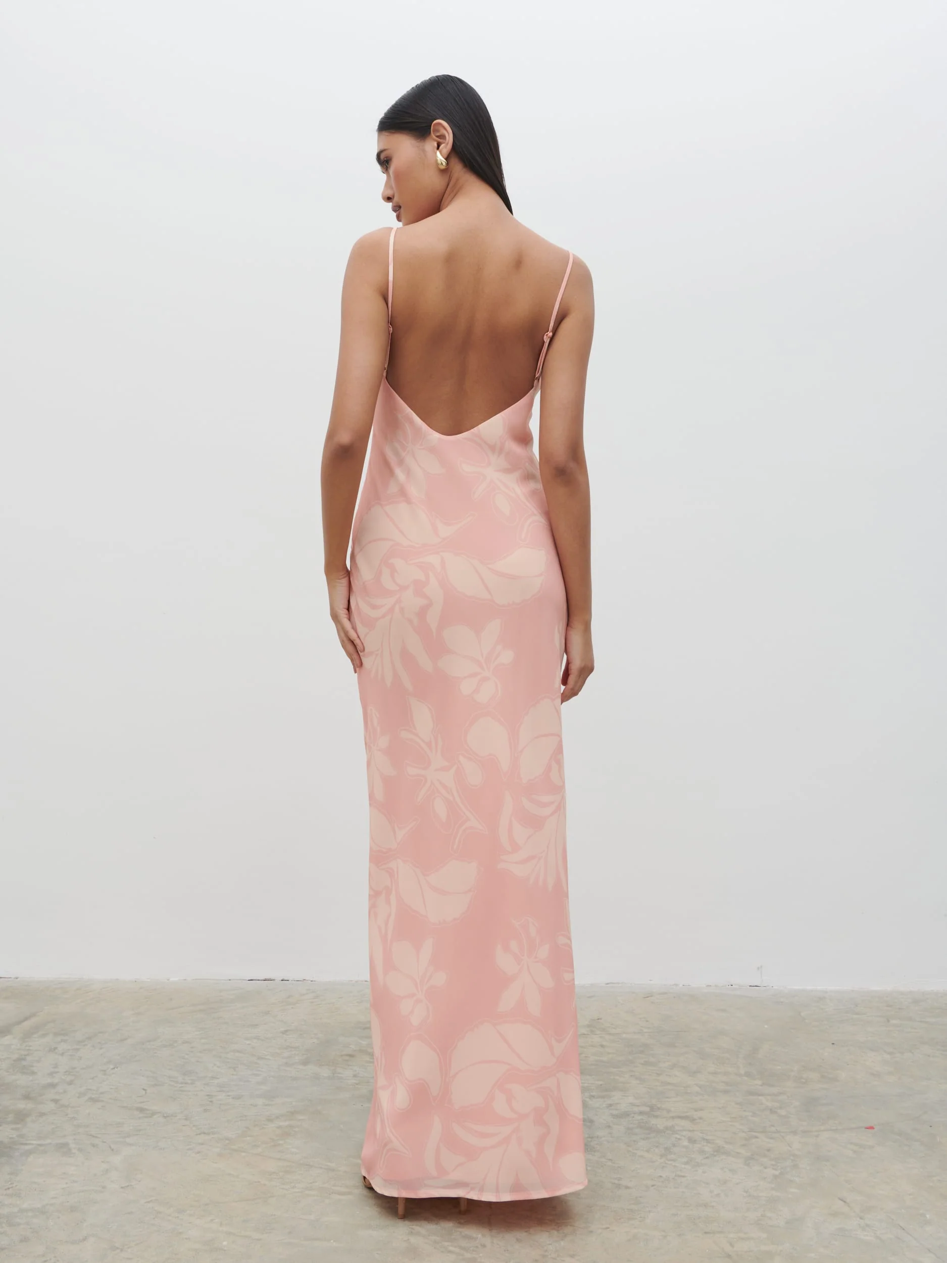 Keisha Ruched Chiffon Maxi Dress - Blush Abstract Leaf - Image 3