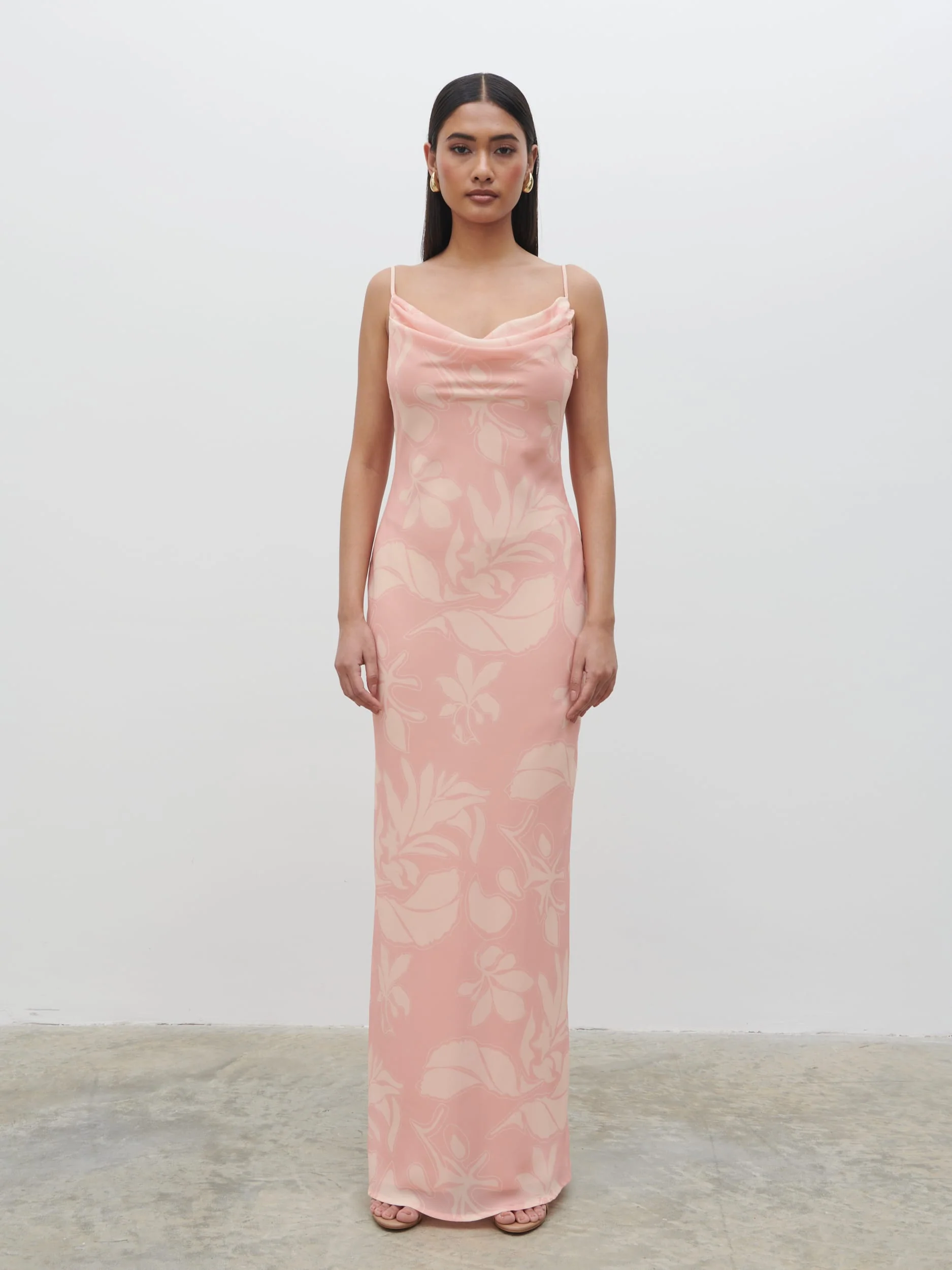 Keisha Ruched Chiffon Maxi Dress - Blush Abstract Leaf - Image 5