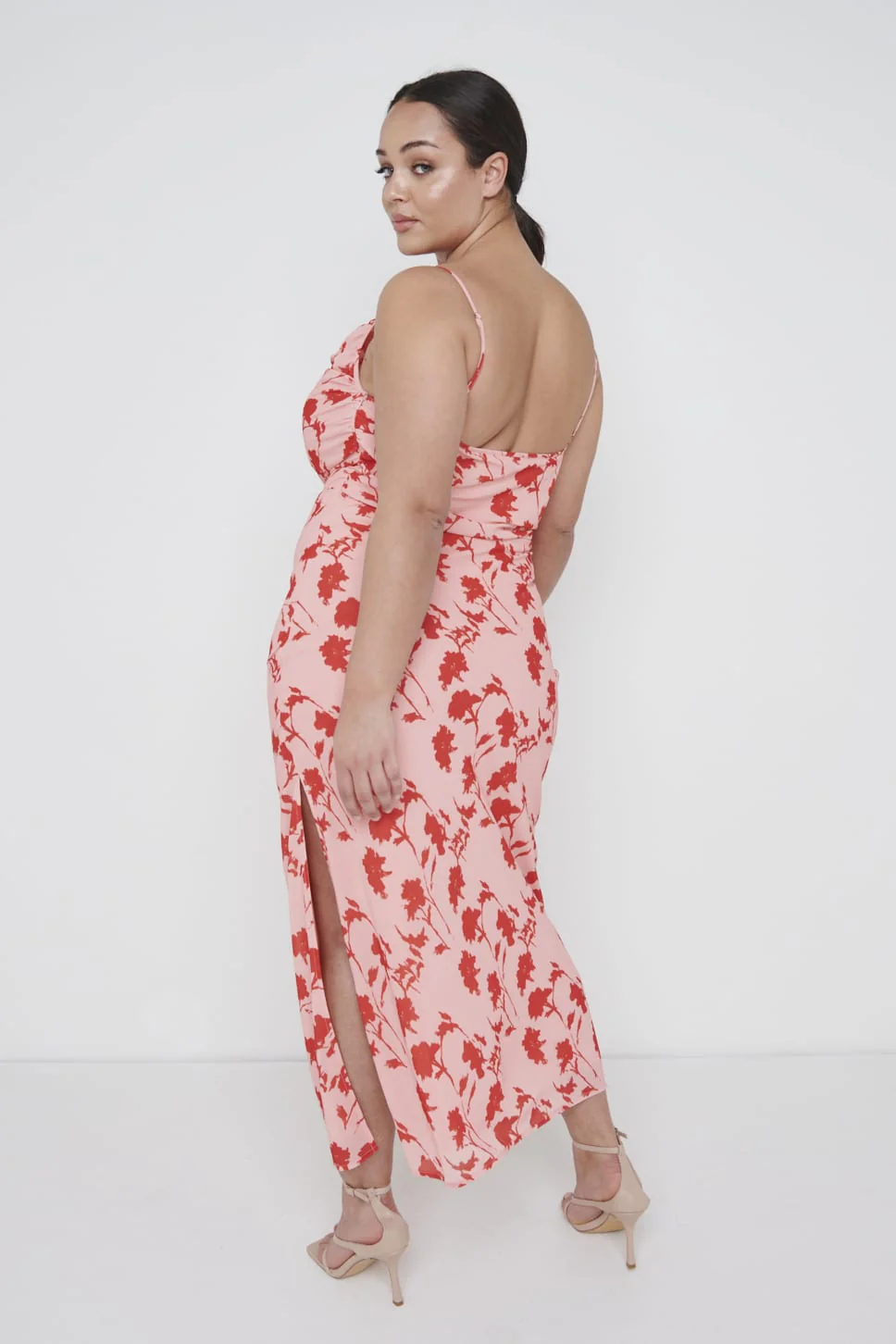 Keisha Ruched Midaxi Dress Curve - Pink and Red Floral - Image 4