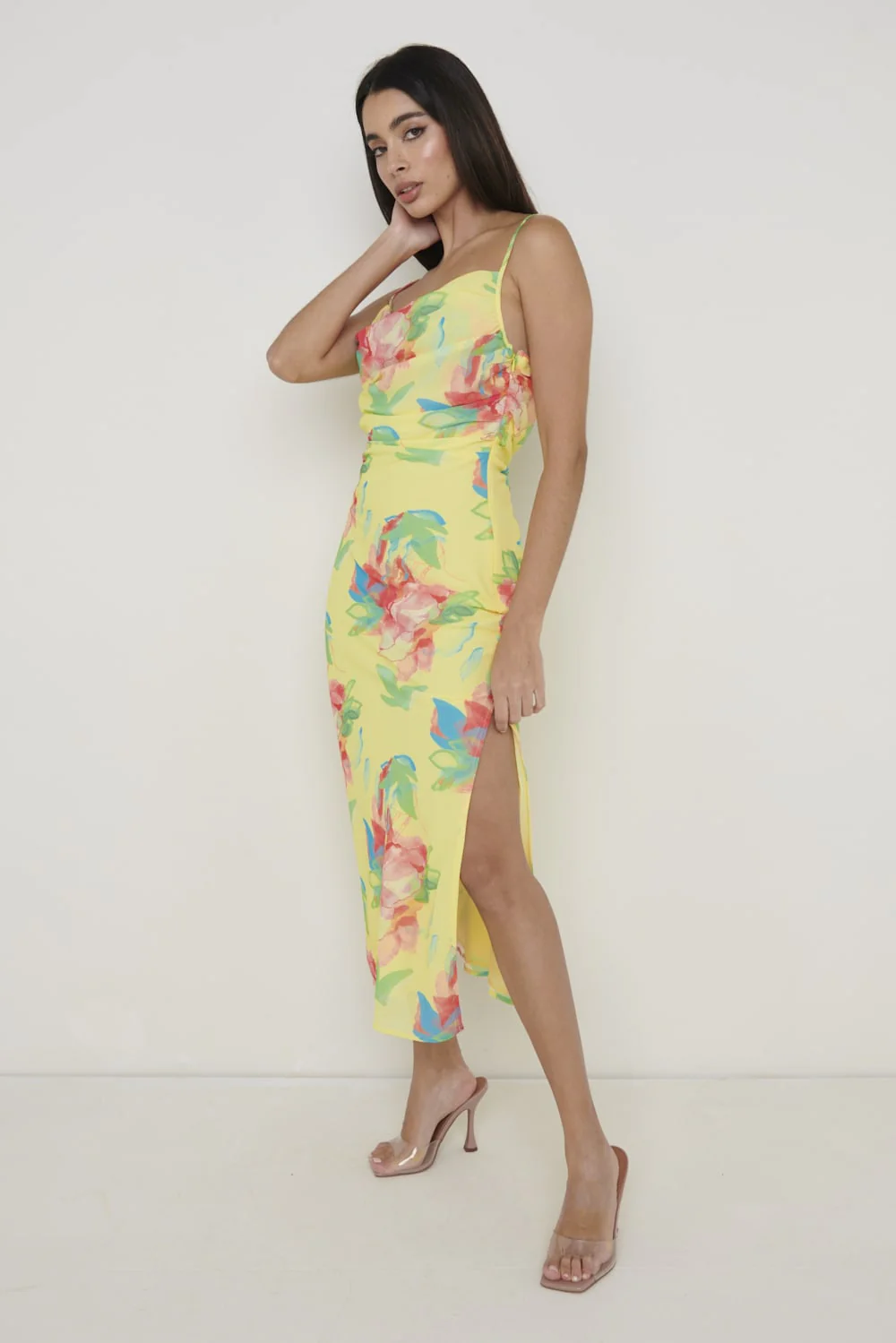 Keisha Ruched Midaxi Dress - Lemon Abstract Floral - Image 3