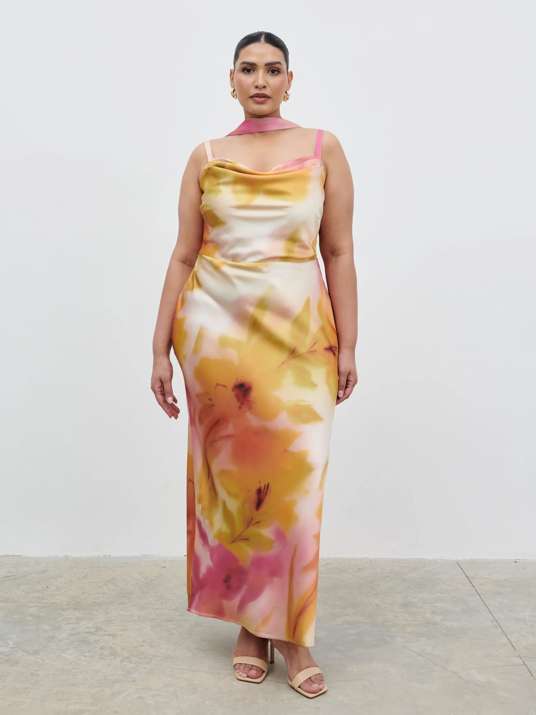 Keisha Scarf Maxi Dress Curve - Pink and Yellow Ochre Floral - Image 4