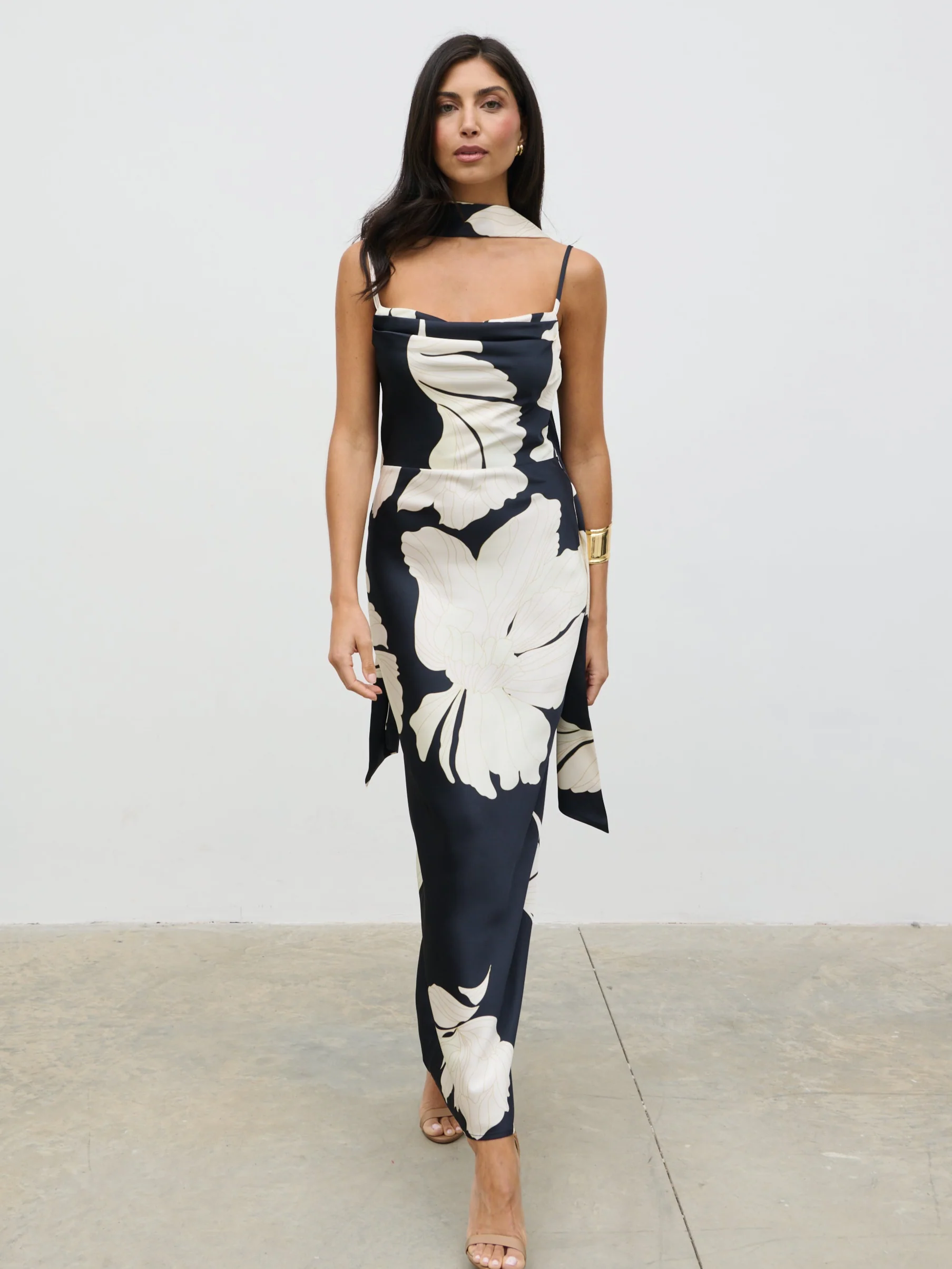 Keisha Scarf Maxi Dress - Large Scale Monochrome Floral - Image 5