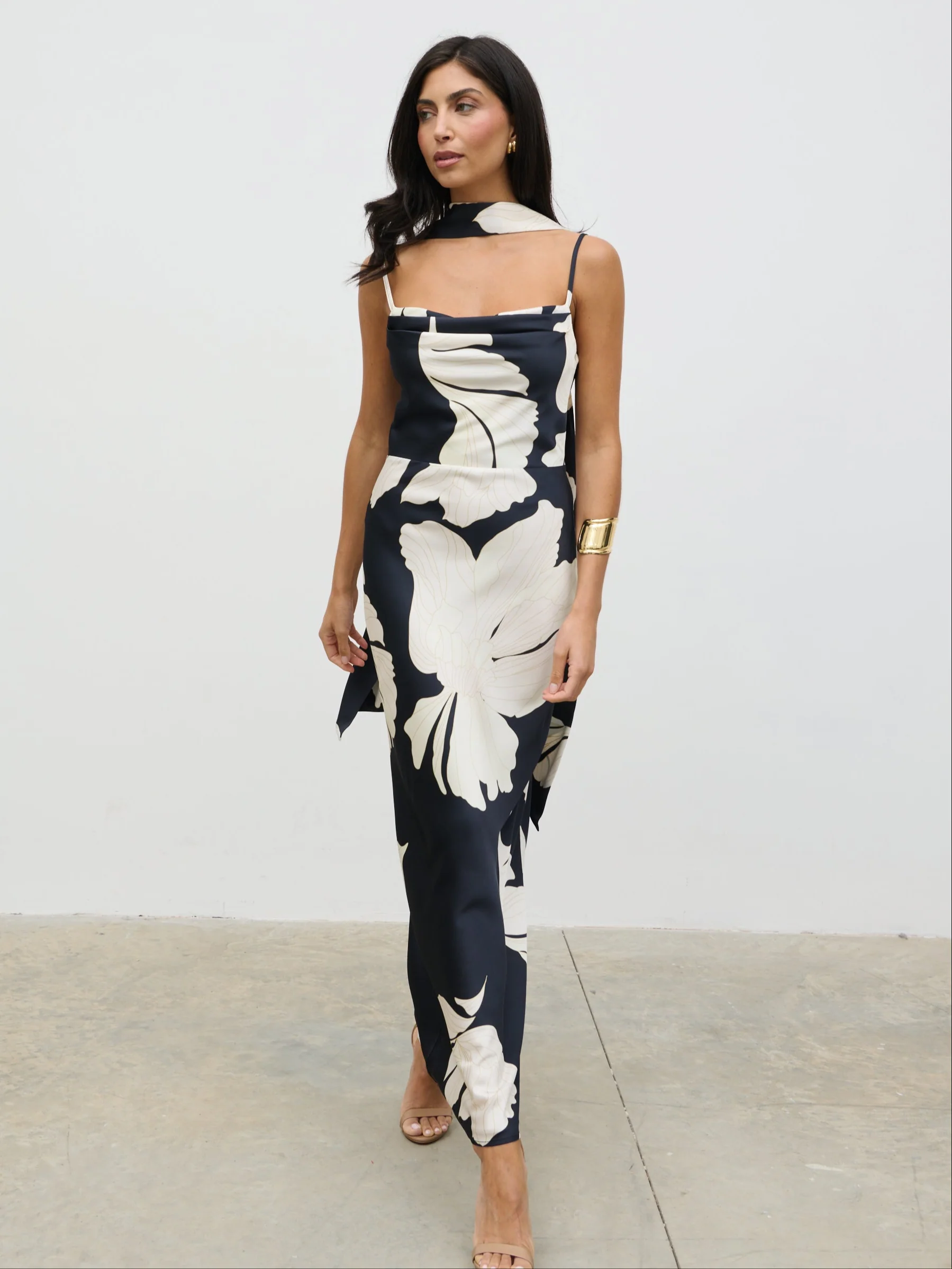 Keisha Scarf Maxi Dress - Large Scale Monochrome Floral - Image 7