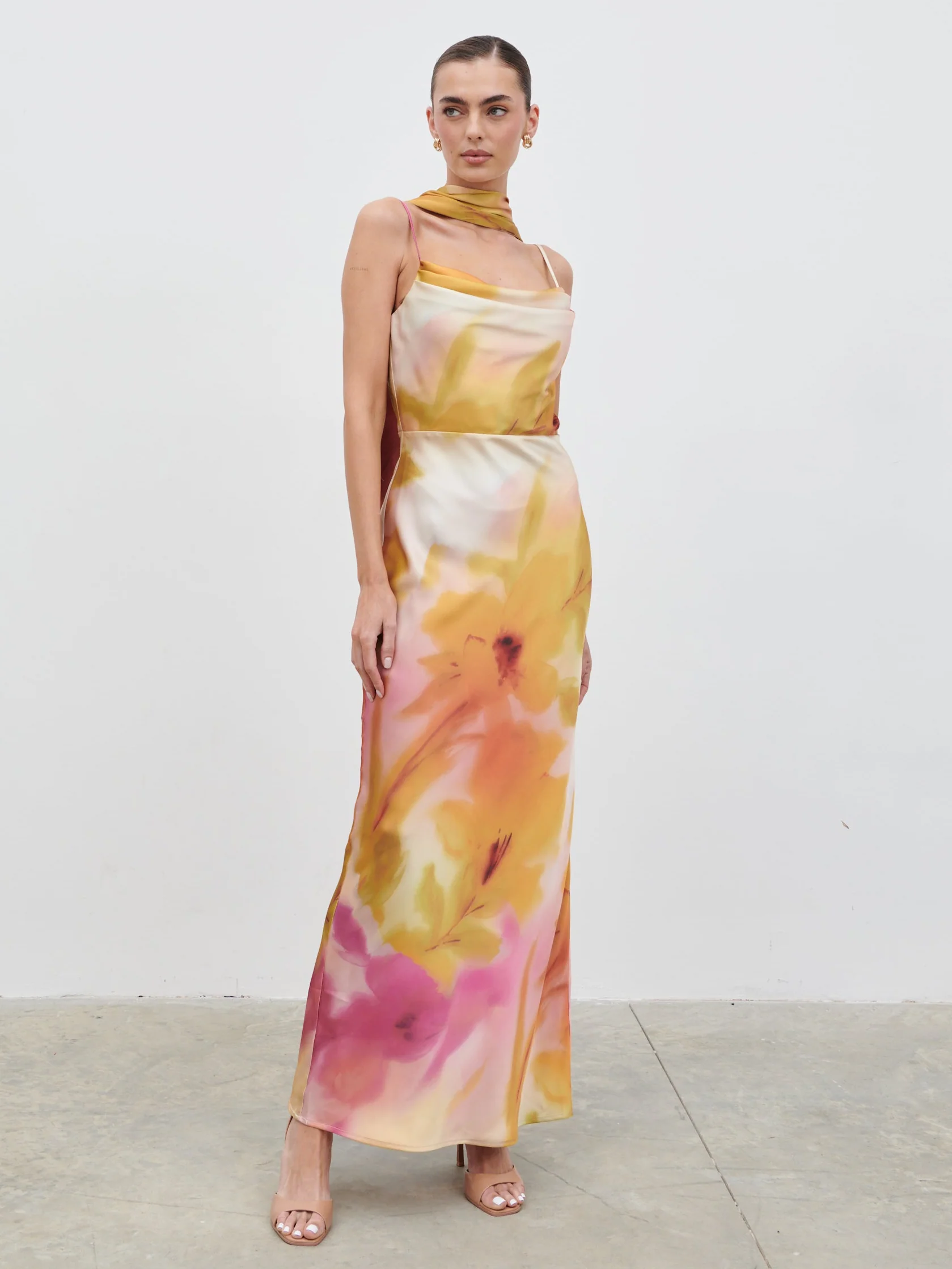 Keisha Scarf Maxi Dress - Pink and Yellow Ochre Floral - Image 3