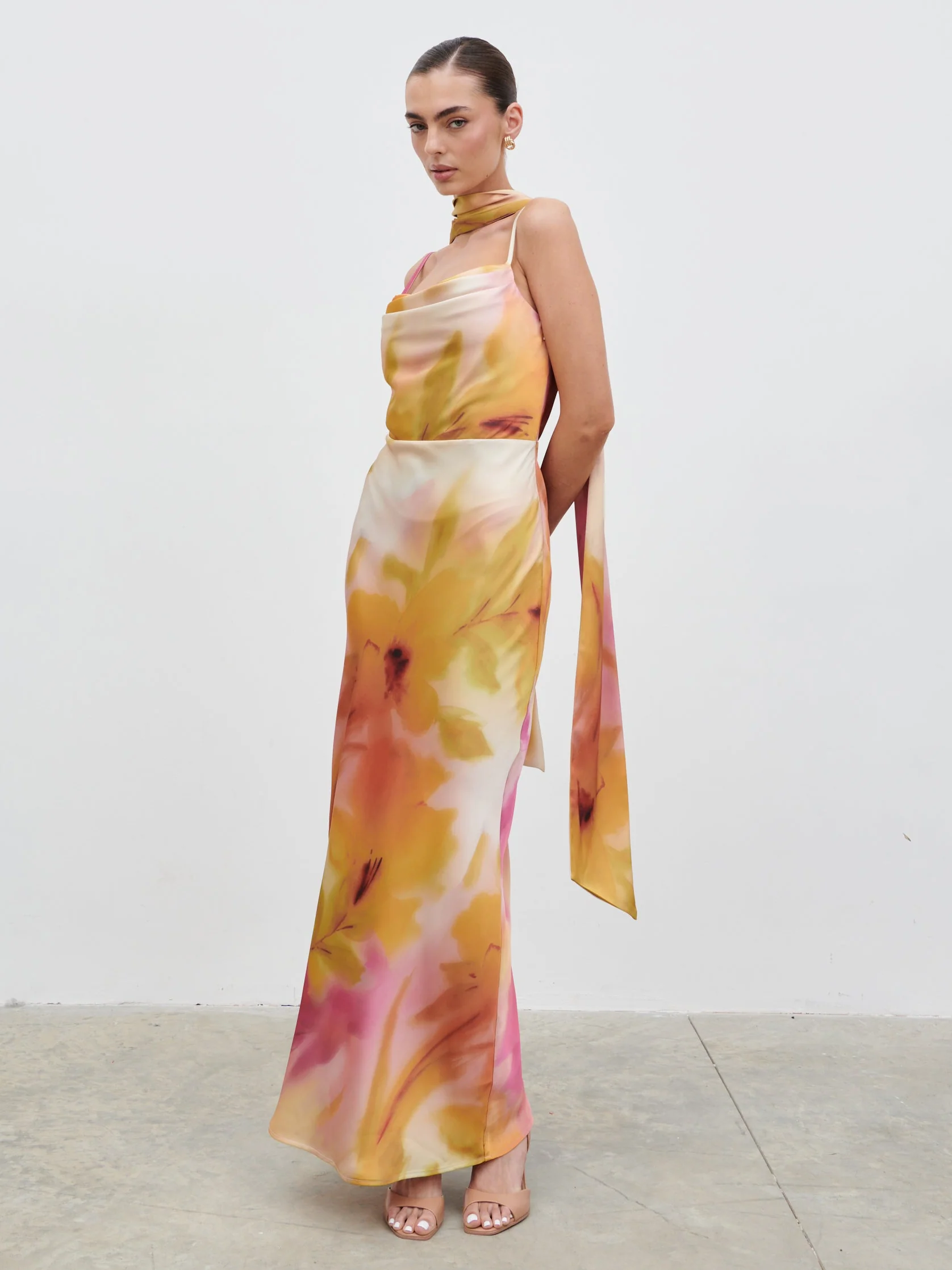 Keisha Scarf Maxi Dress - Pink and Yellow Ochre Floral - Image 5