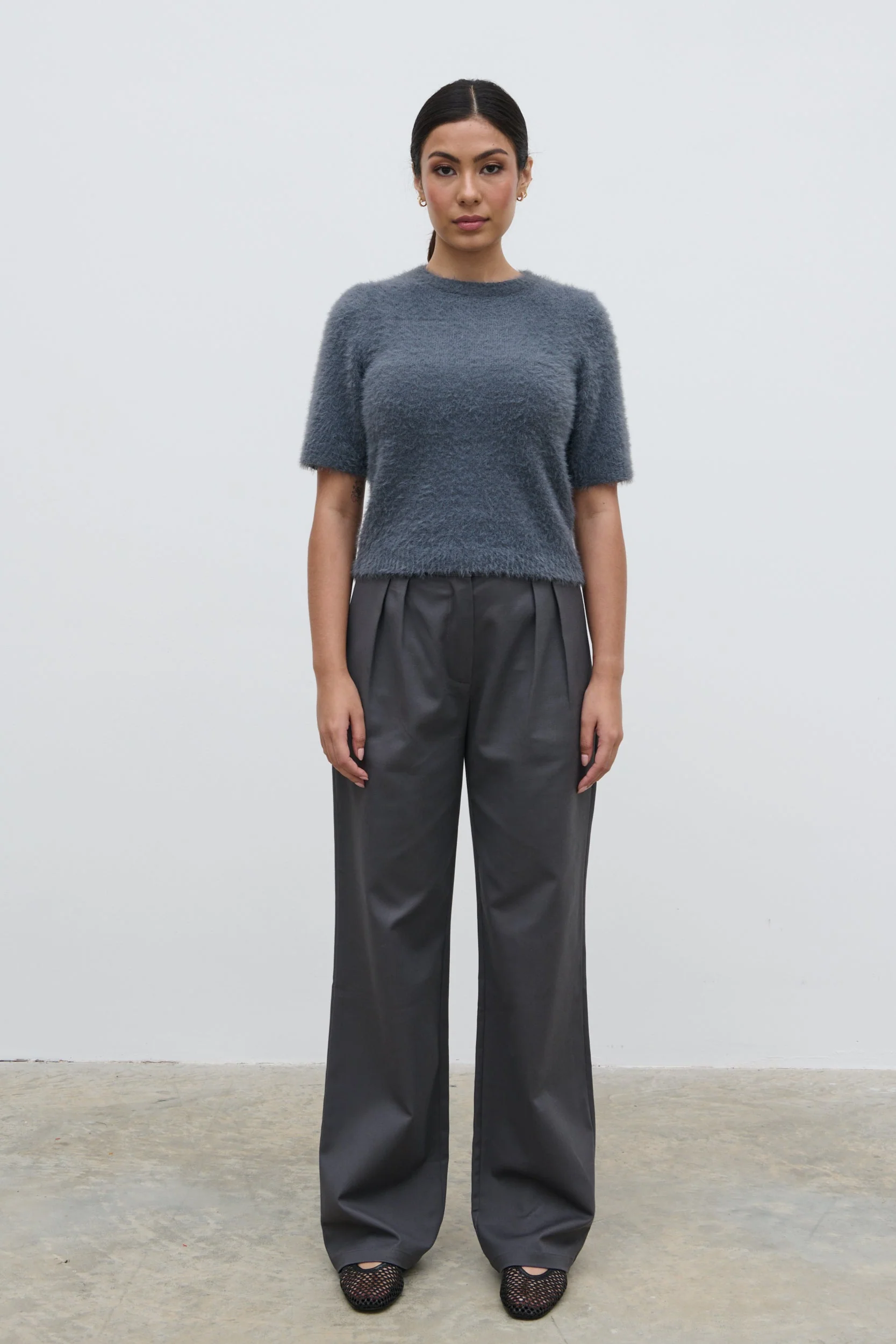 Kelly Cropped Fluffy Knit T-Shirt - Charcoal - Image 5