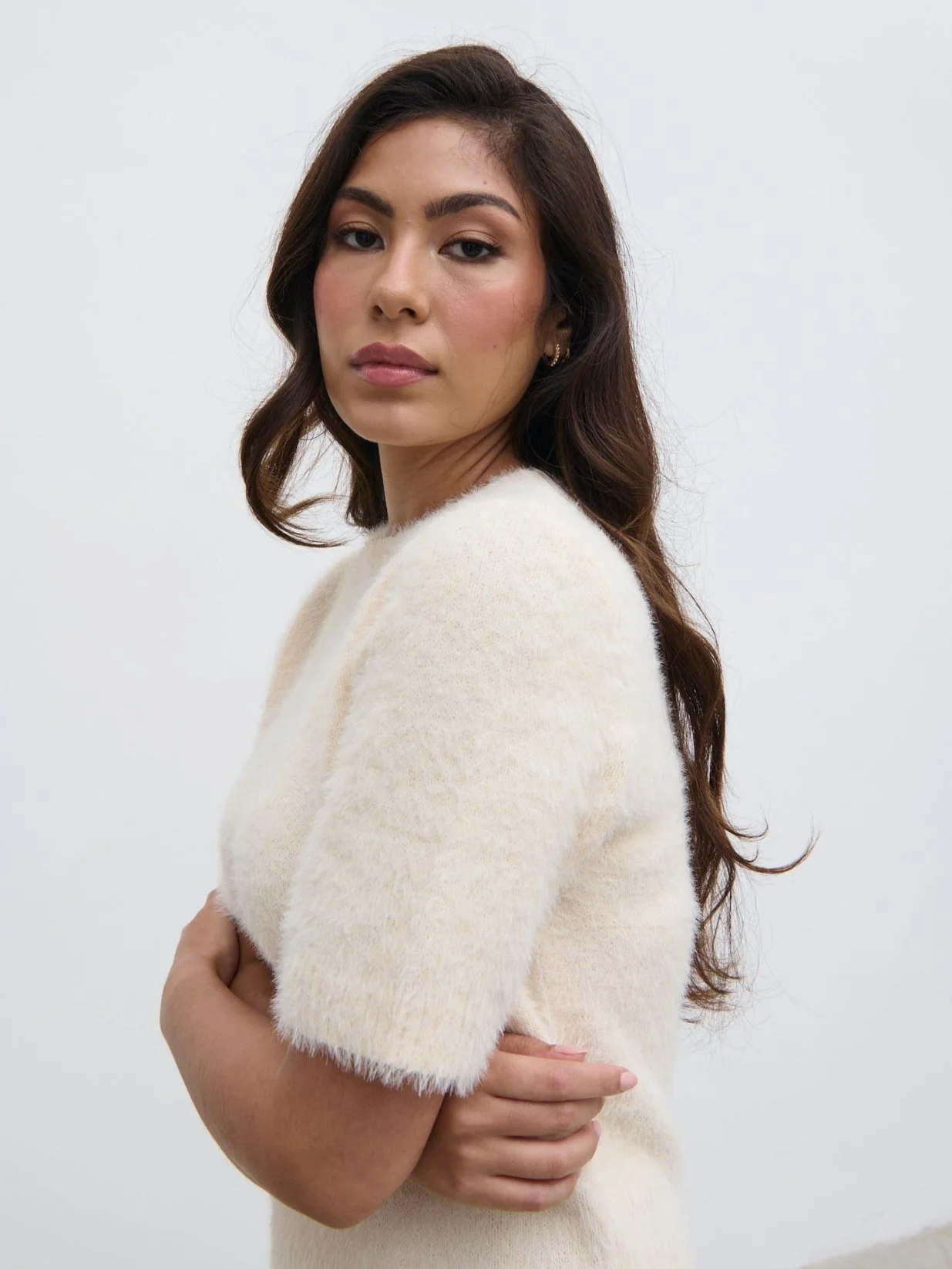 Kelly Cropped Fluffy Knit T-Shirt - Cream - Image 3