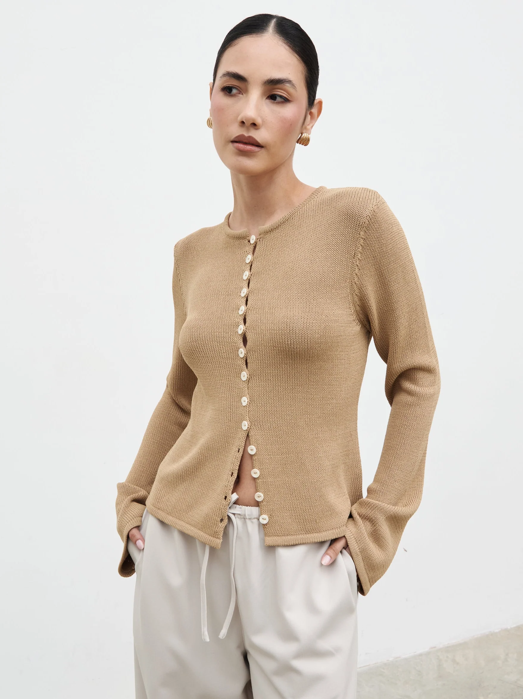 Kendall Rustic Button Down Knit Top - Tan - Image 2