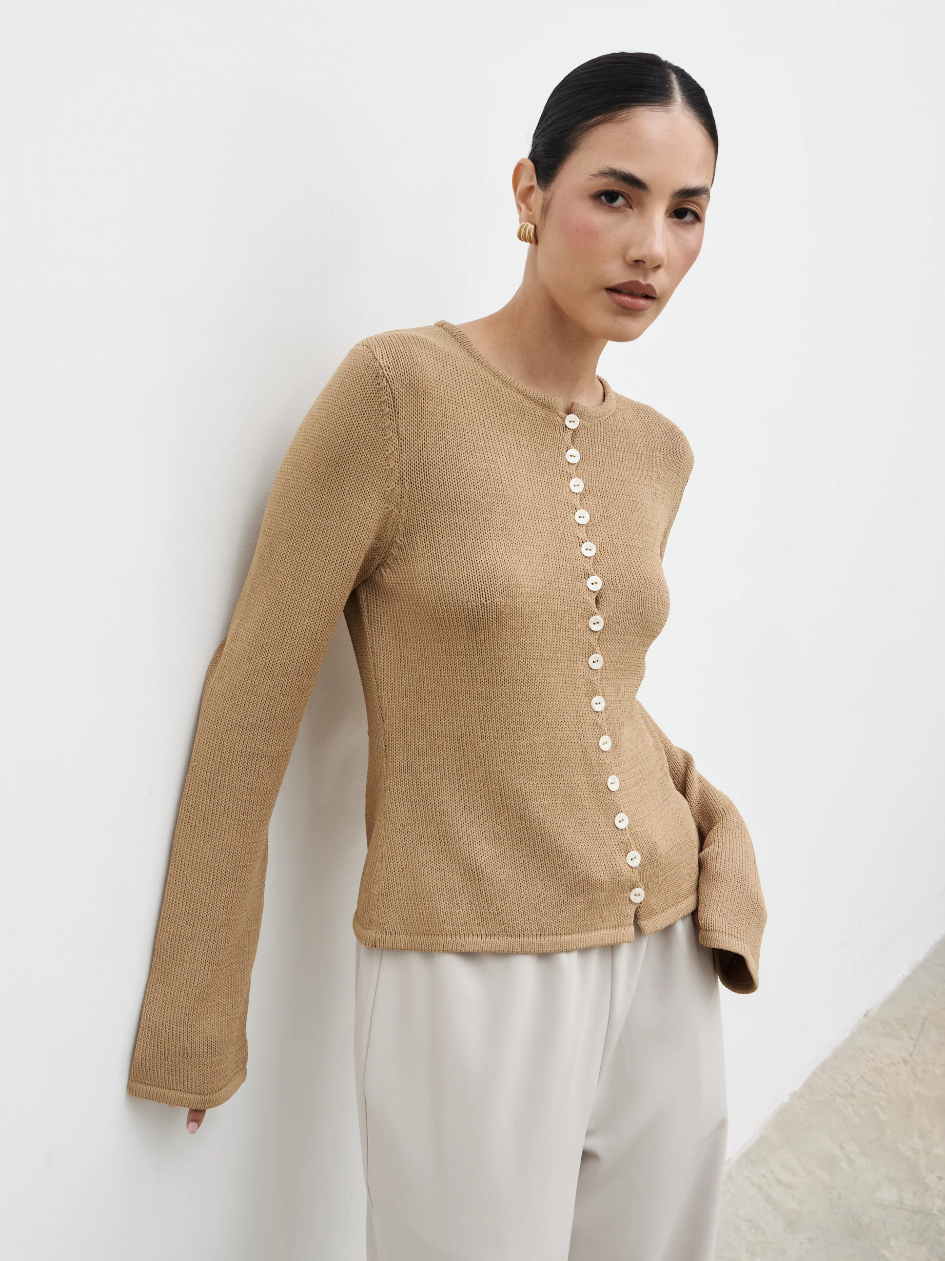 Kendall Rustic Button Down Knit Top - Tan - Image 4