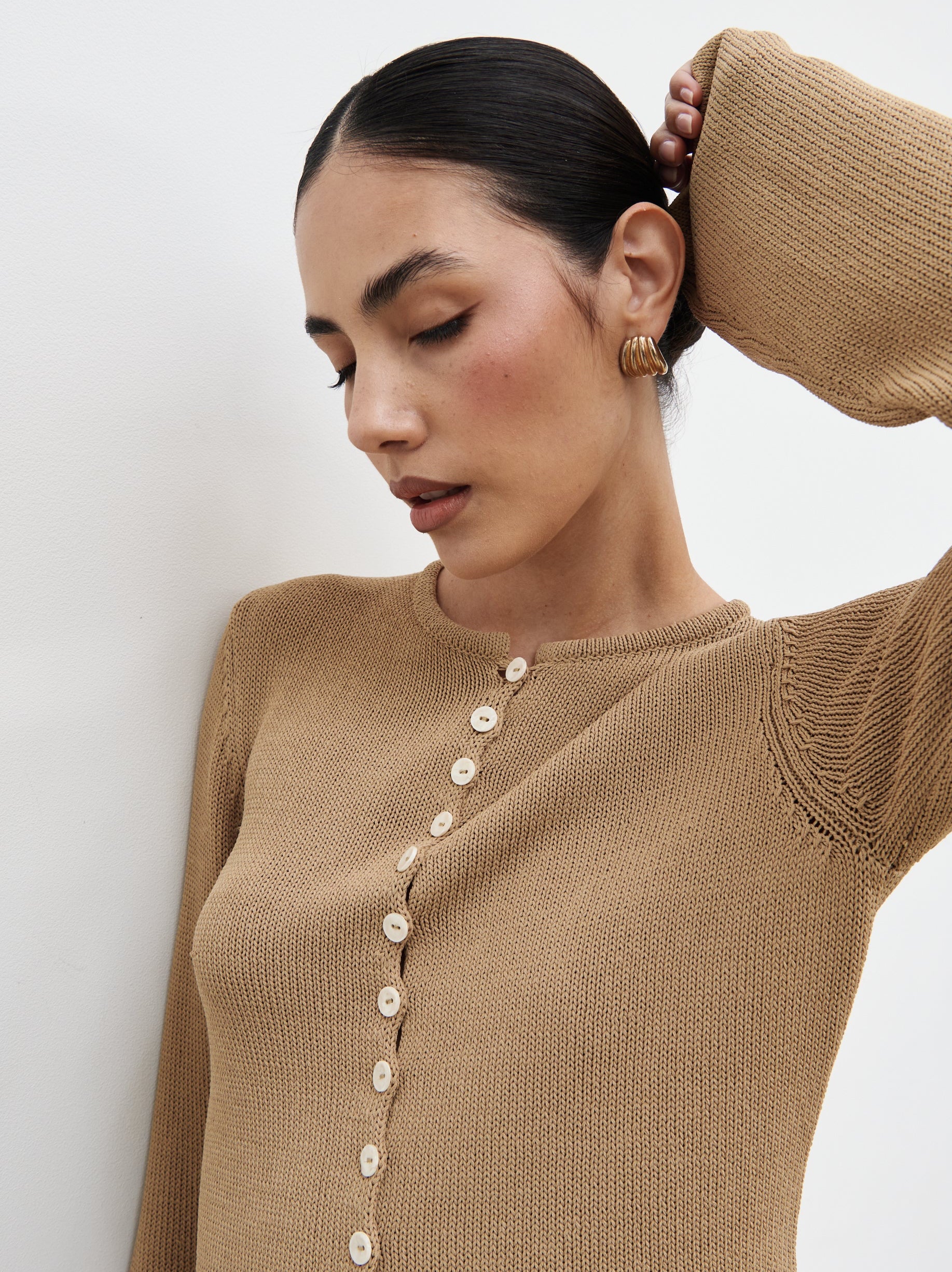 Kendall Rustic Button Down Knit Top - Tan - Image 7