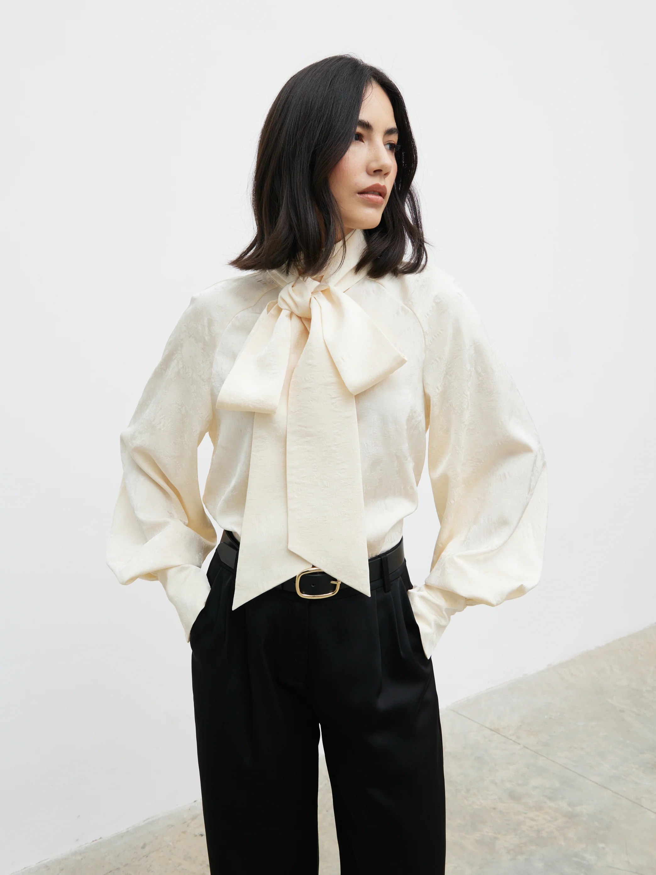 Kesia Jacquard Bow Blouse - Cream - Image 3