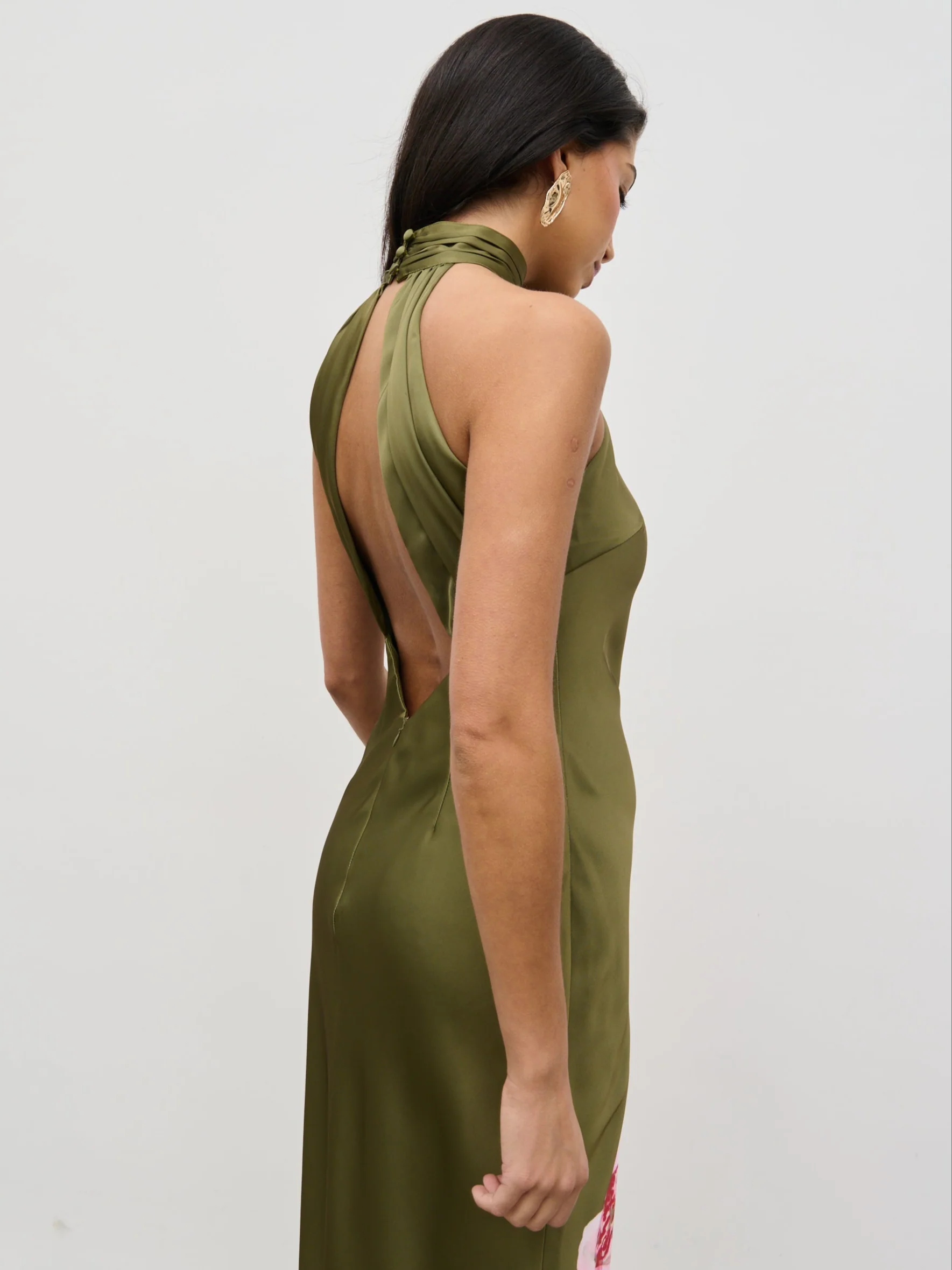 Kiara Halterneck Maxi Dress - Olive and Pink Floral - Image 2