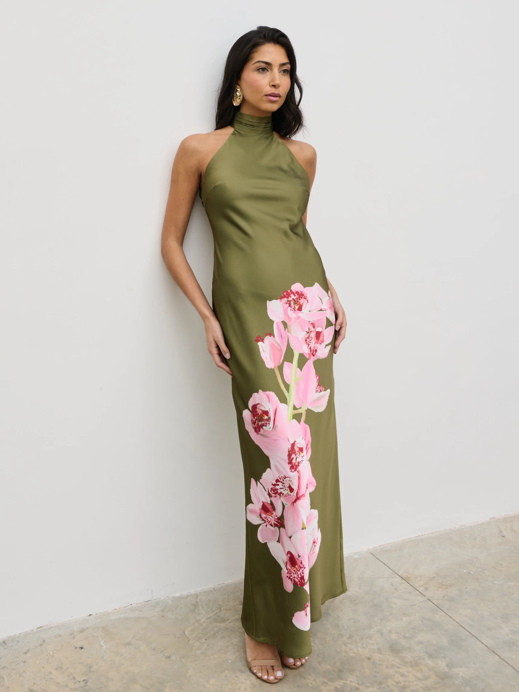 Kiara Halterneck Maxi Dress - Olive and Pink Floral - Image 3