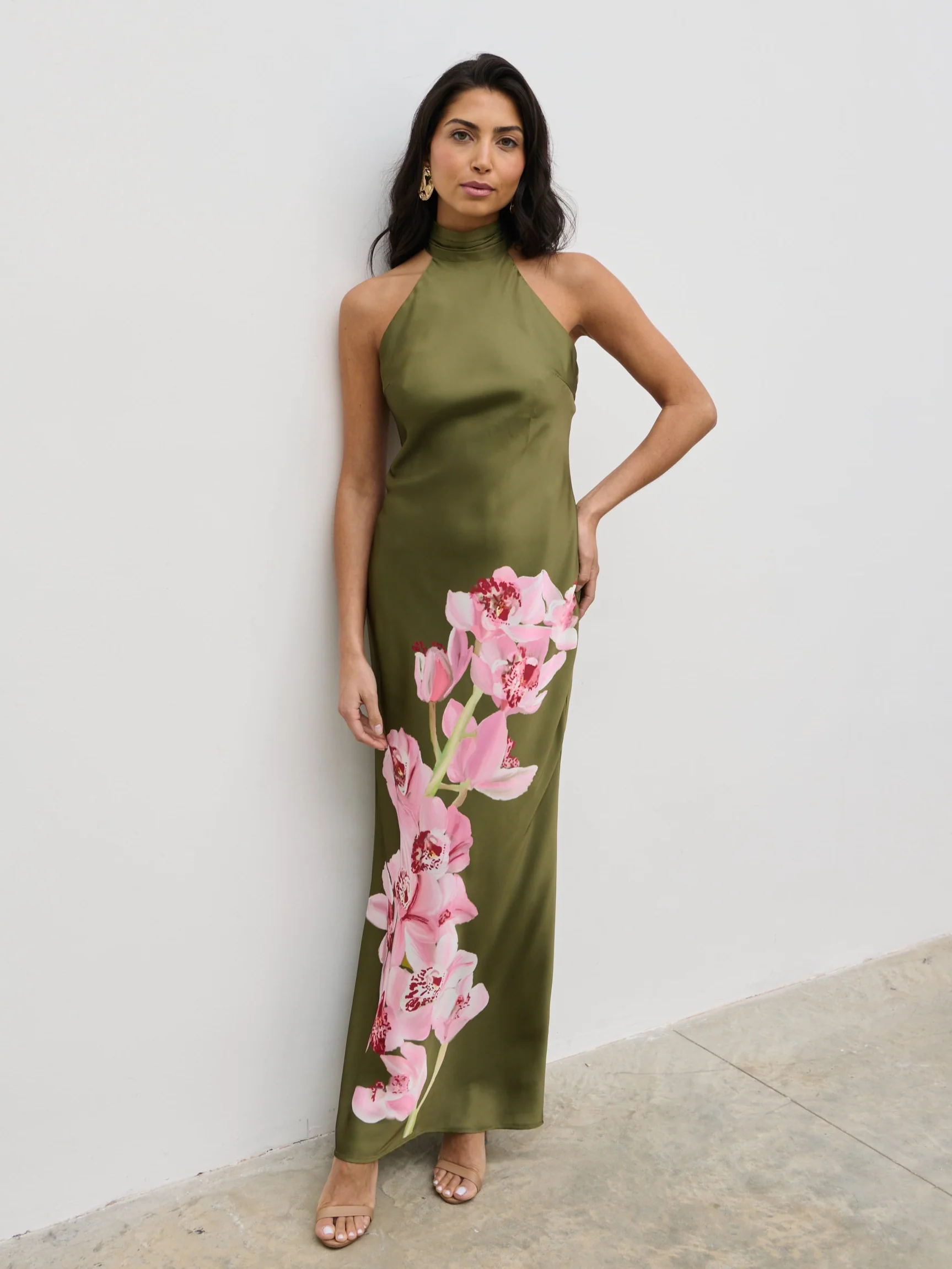 Kiara Halterneck Maxi Dress - Olive and Pink Floral - Image 5