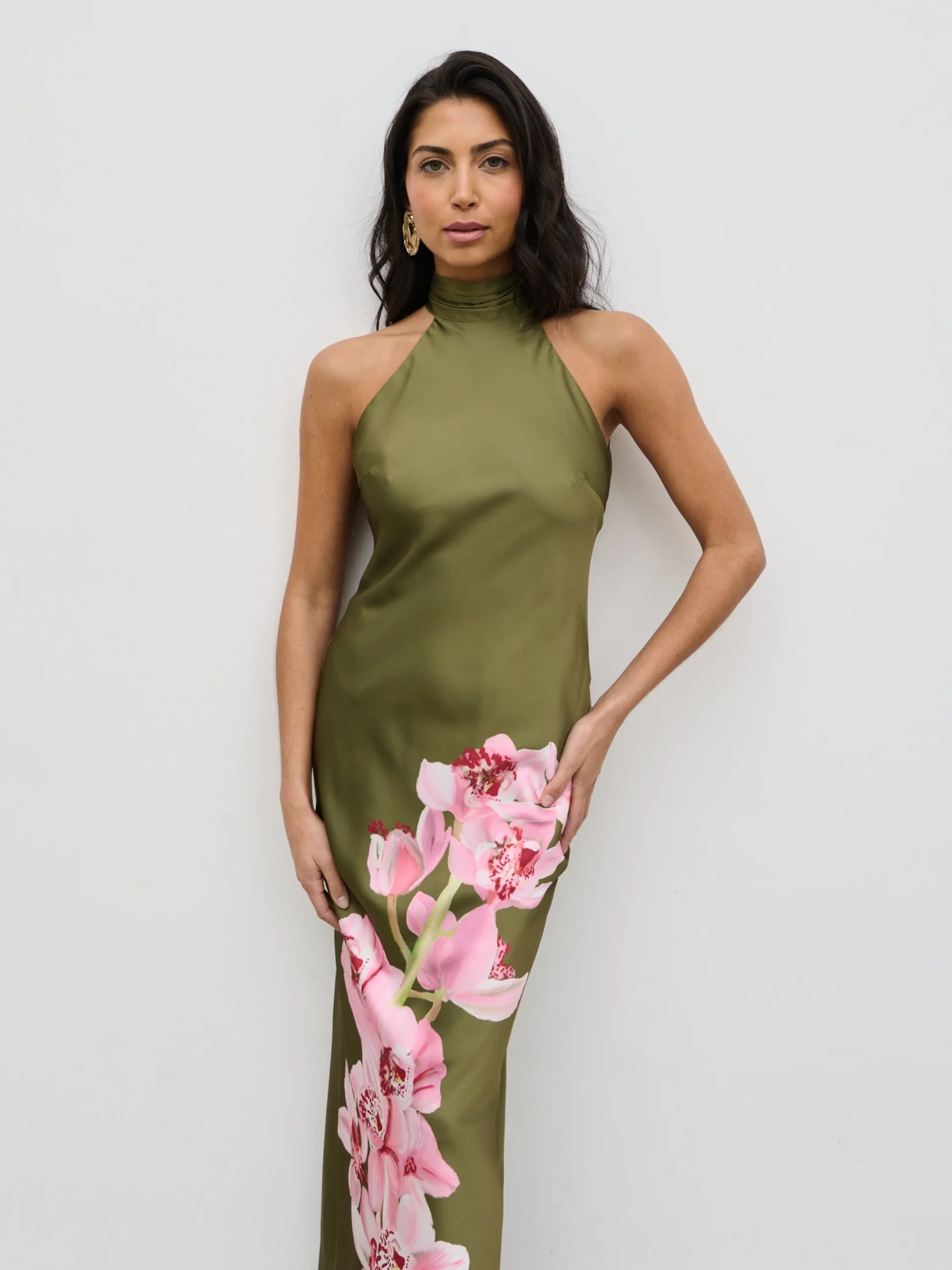 Kiara Halterneck Maxi Dress - Olive and Pink Floral - Image 6