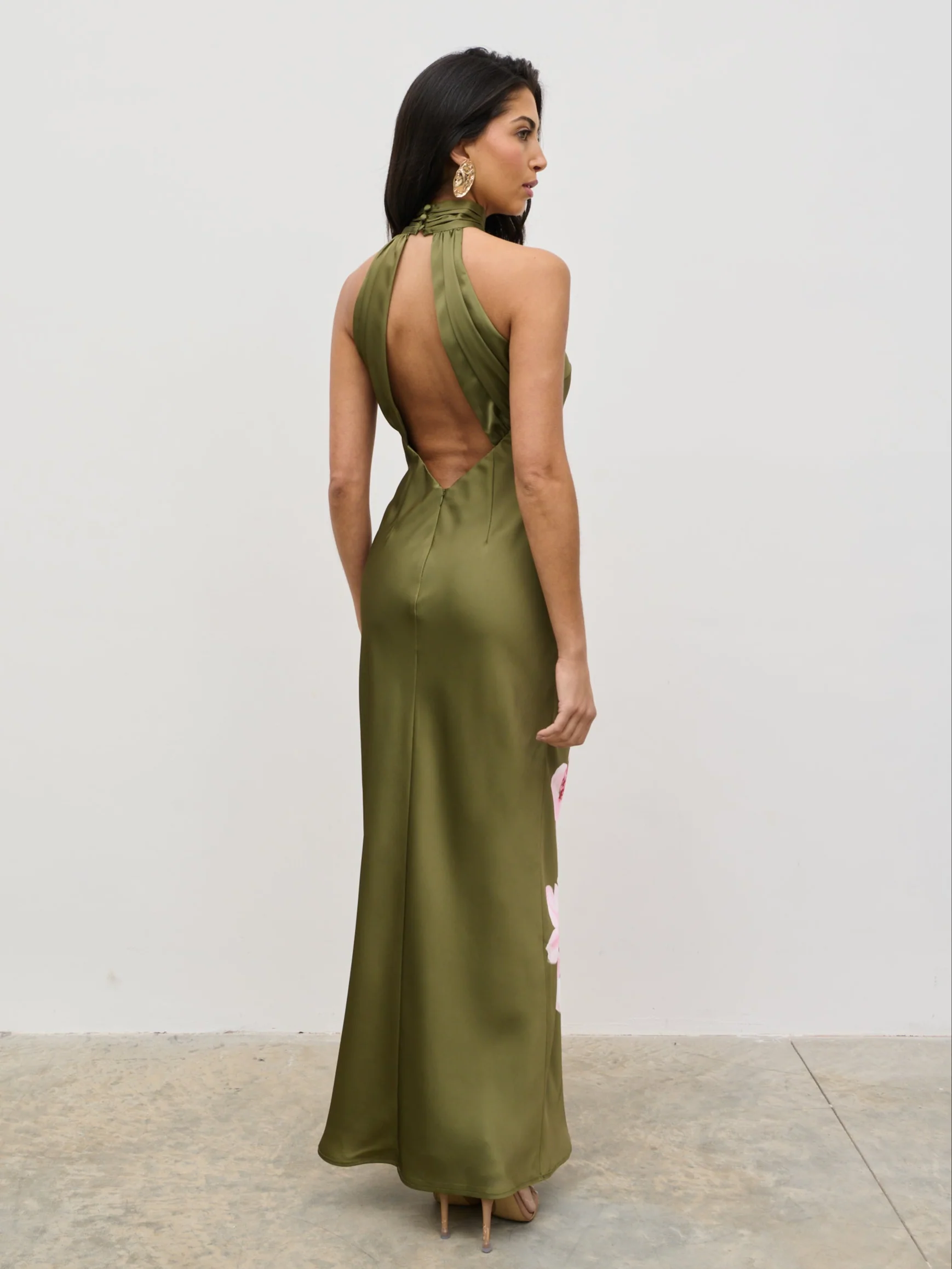 Kiara Halterneck Maxi Dress - Olive and Pink Floral - Image 7
