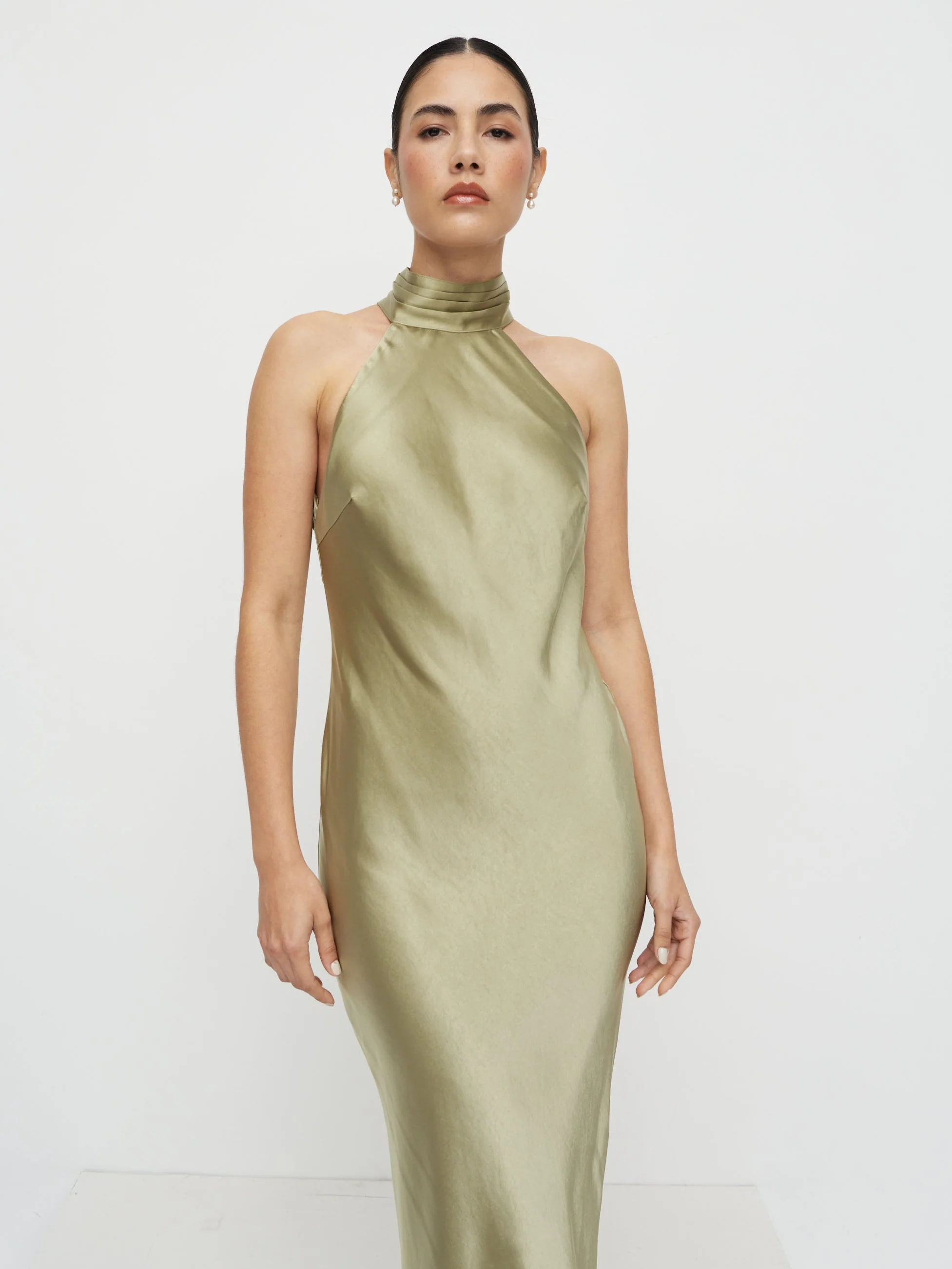Kiara Satin Maxi Dress - Olive - Image 4