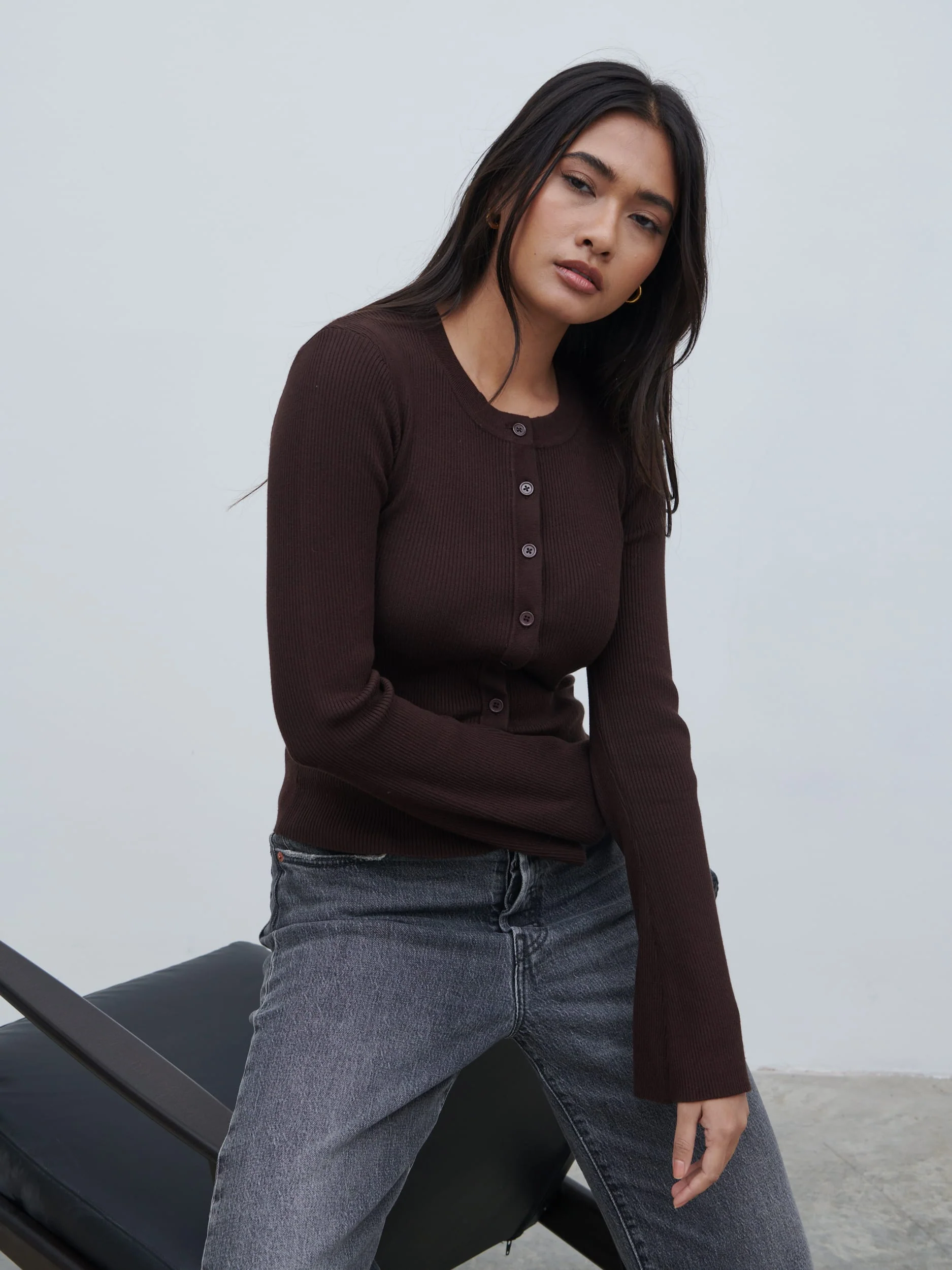 Lacey Button Down Top - Brown - Image 5