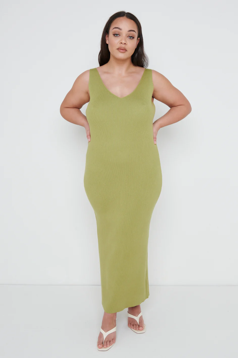 Lara Ribbed Midaxi Dress Curve - Olive - Image 5