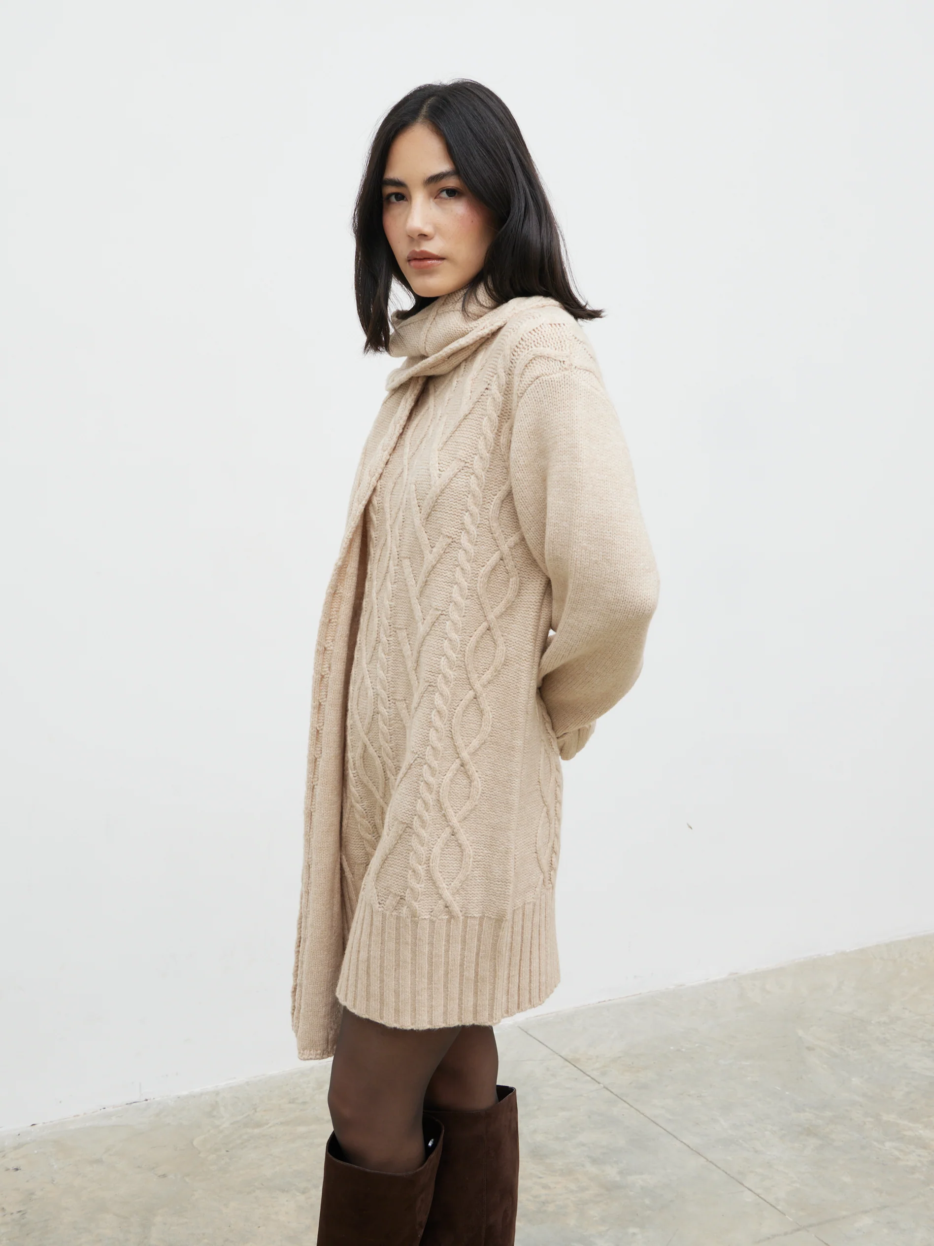 Larna Cable Knit Mini Dress with Scarf - Beige Marl - Image 3