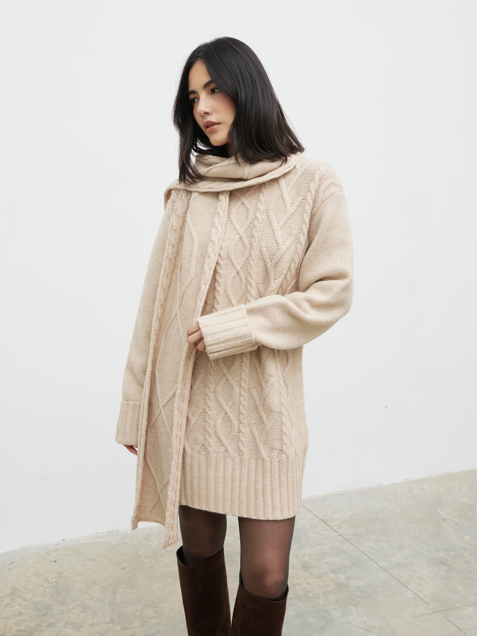 Larna Cable Knit Mini Dress with Scarf - Beige Marl - Image 4