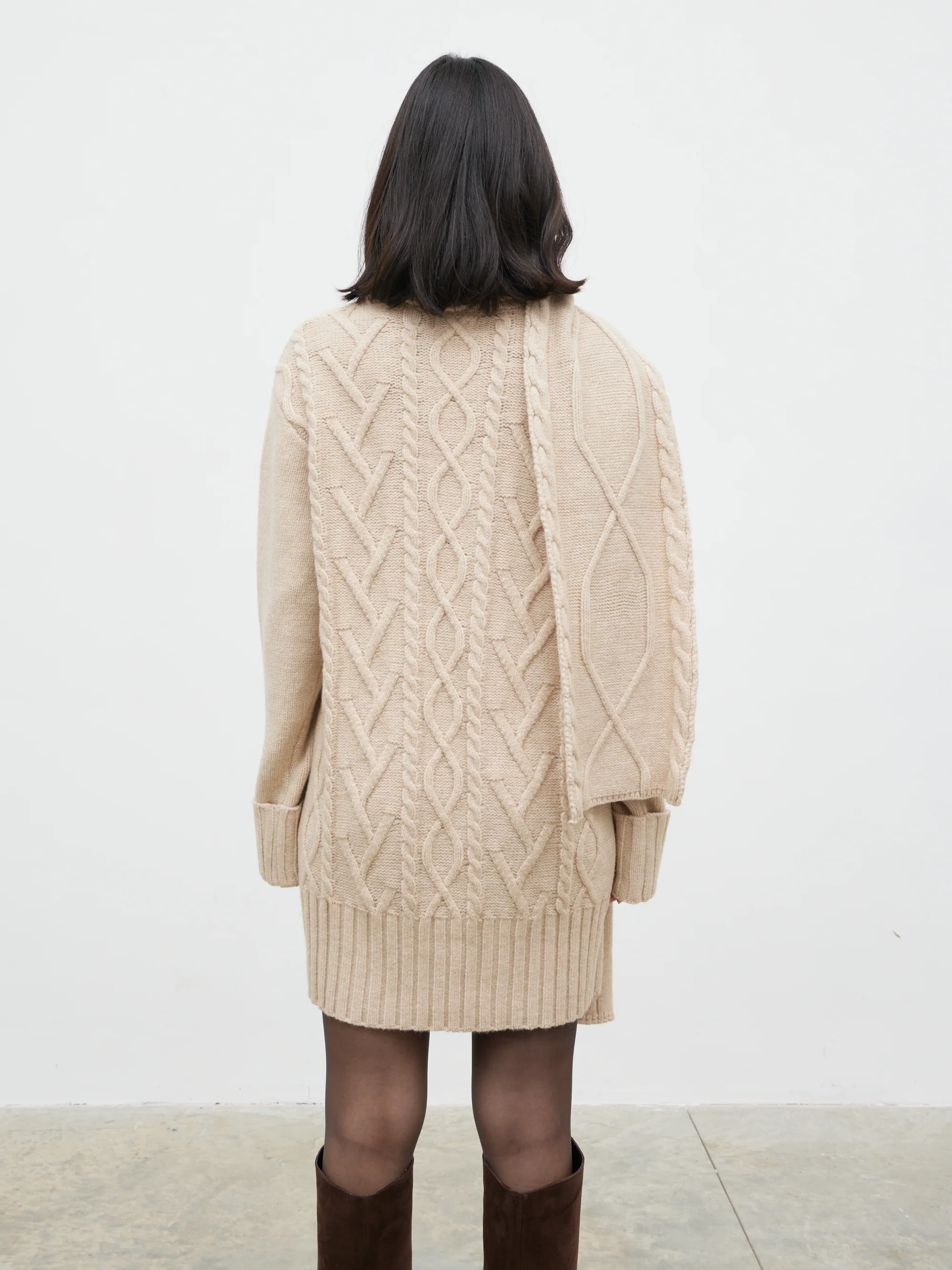 Larna Cable Knit Mini Dress with Scarf - Beige Marl - Image 5