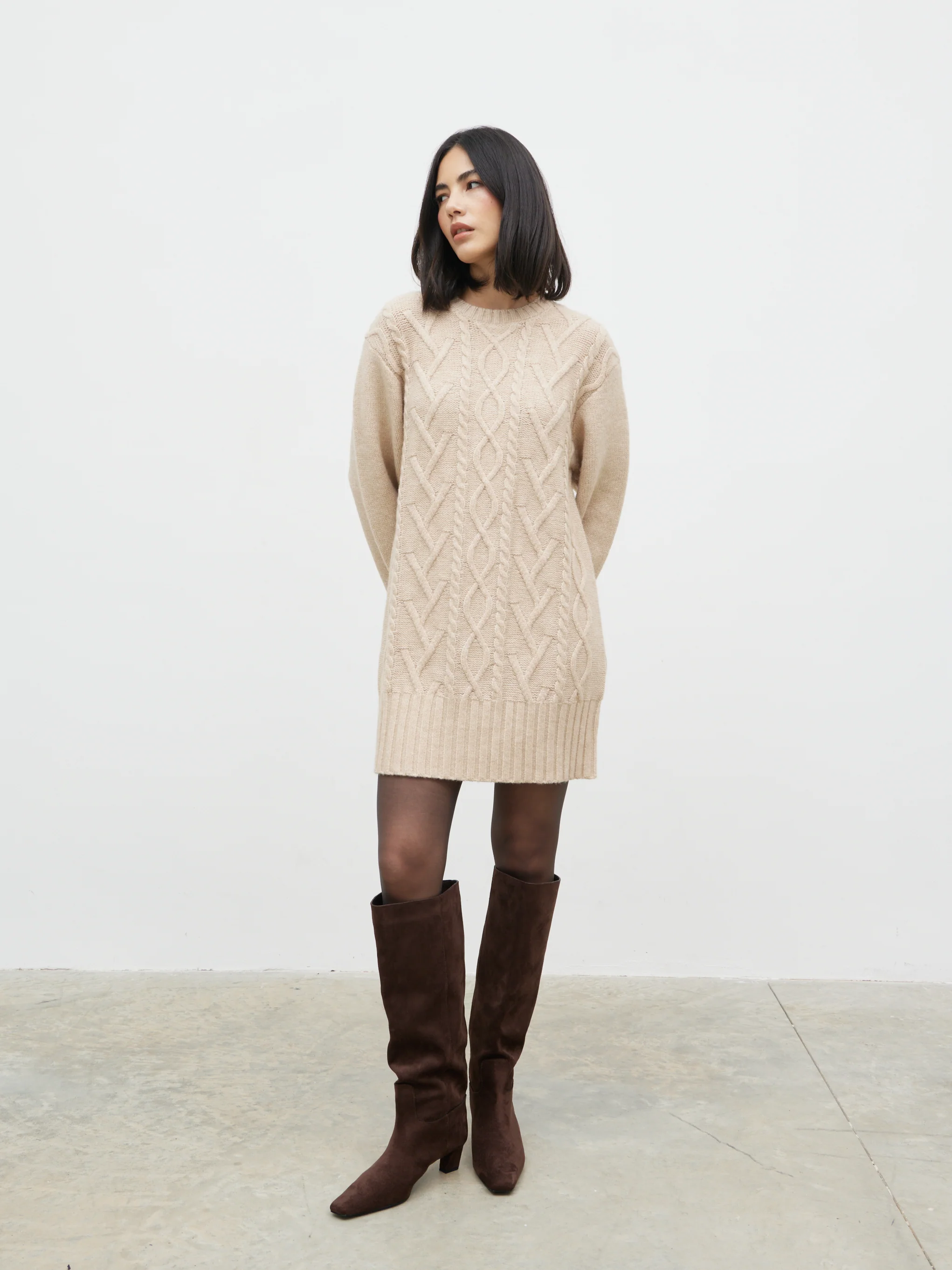 Larna Cable Knit Mini Dress with Scarf - Beige Marl - Image 6