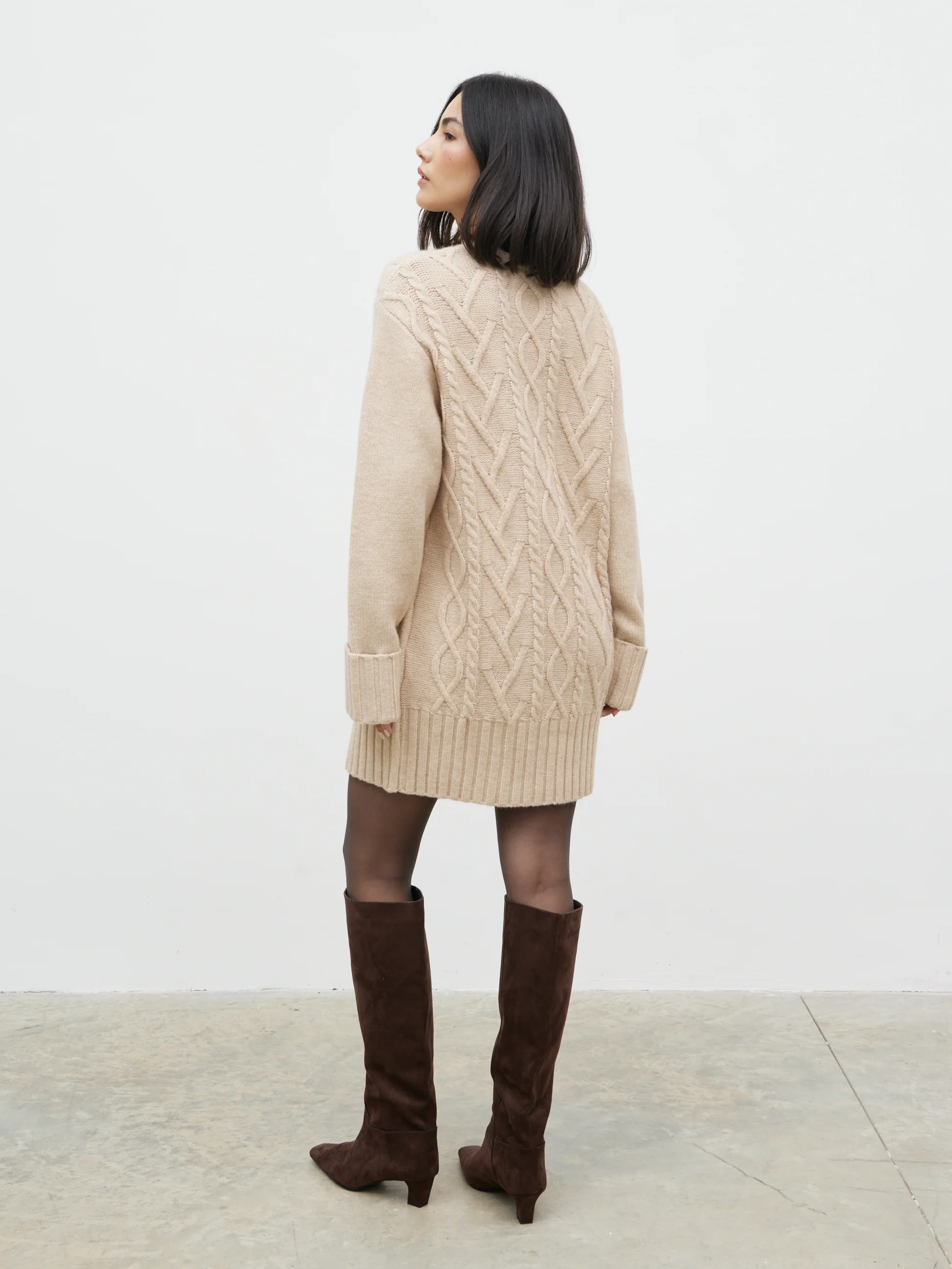 Larna Cable Knit Mini Dress with Scarf - Beige Marl - Image 7