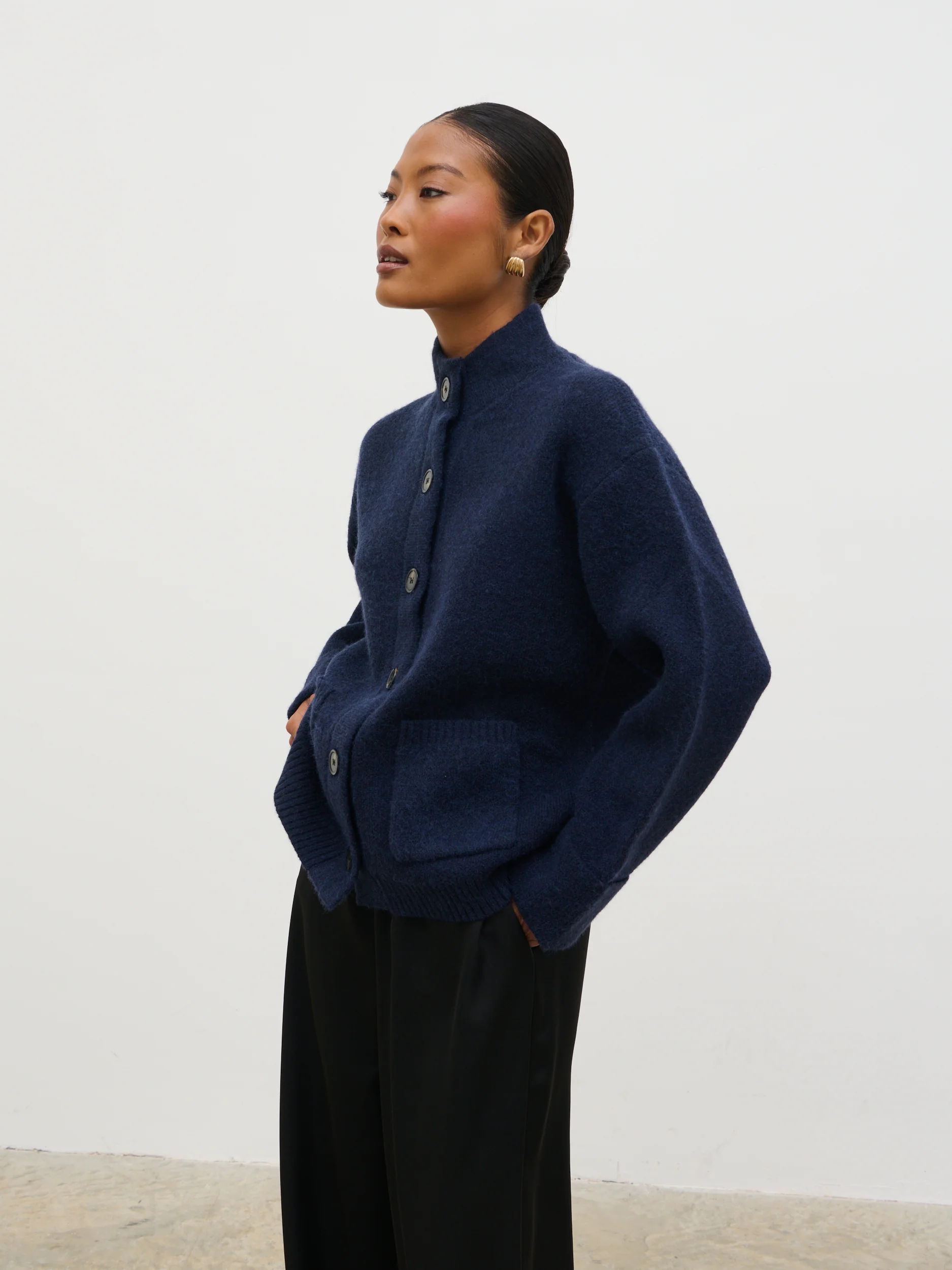 Leighton High Neck Knit Cardigan - Navy Marl - Image 2