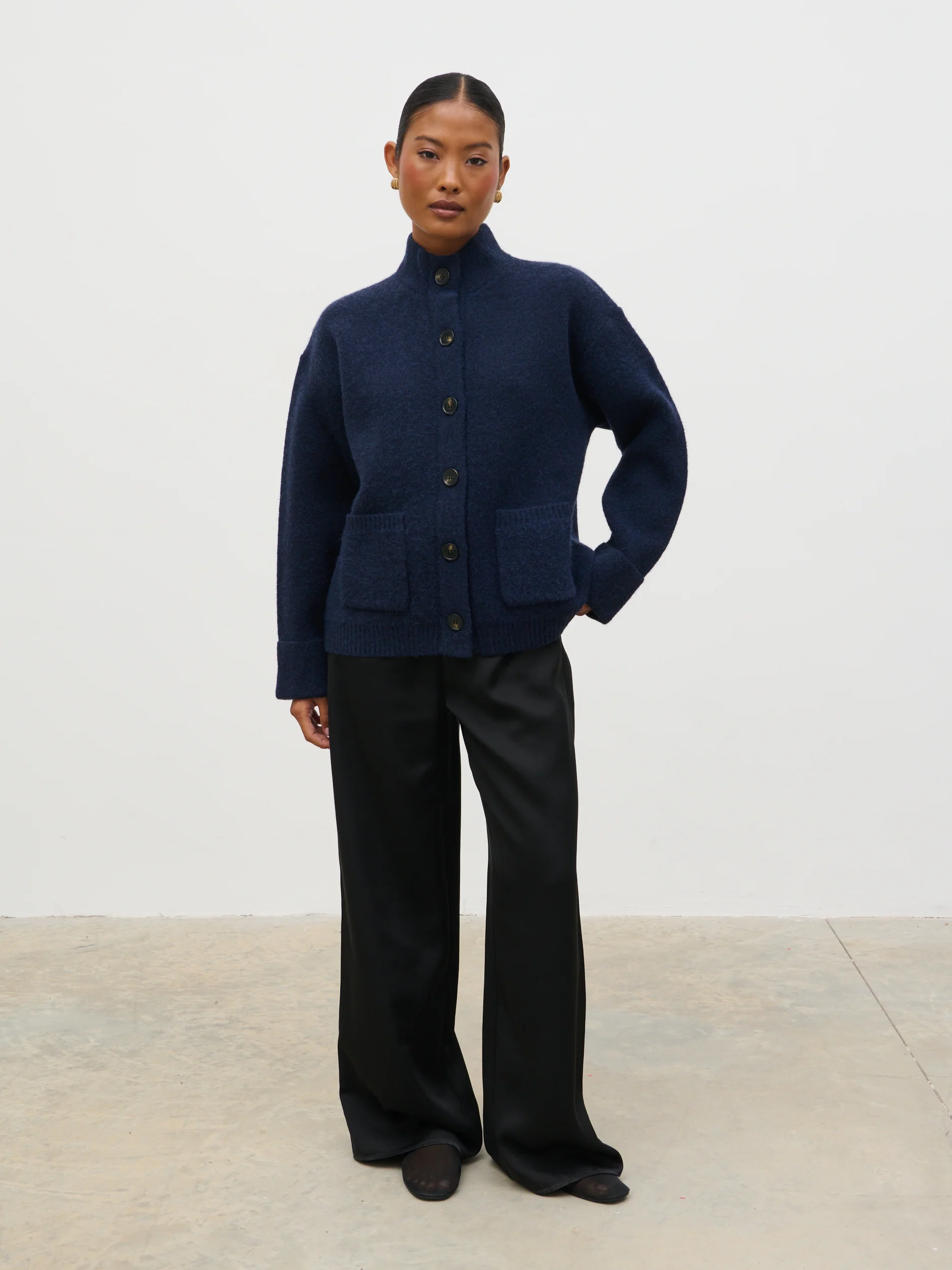 Leighton High Neck Knit Cardigan - Navy Marl - Image 4