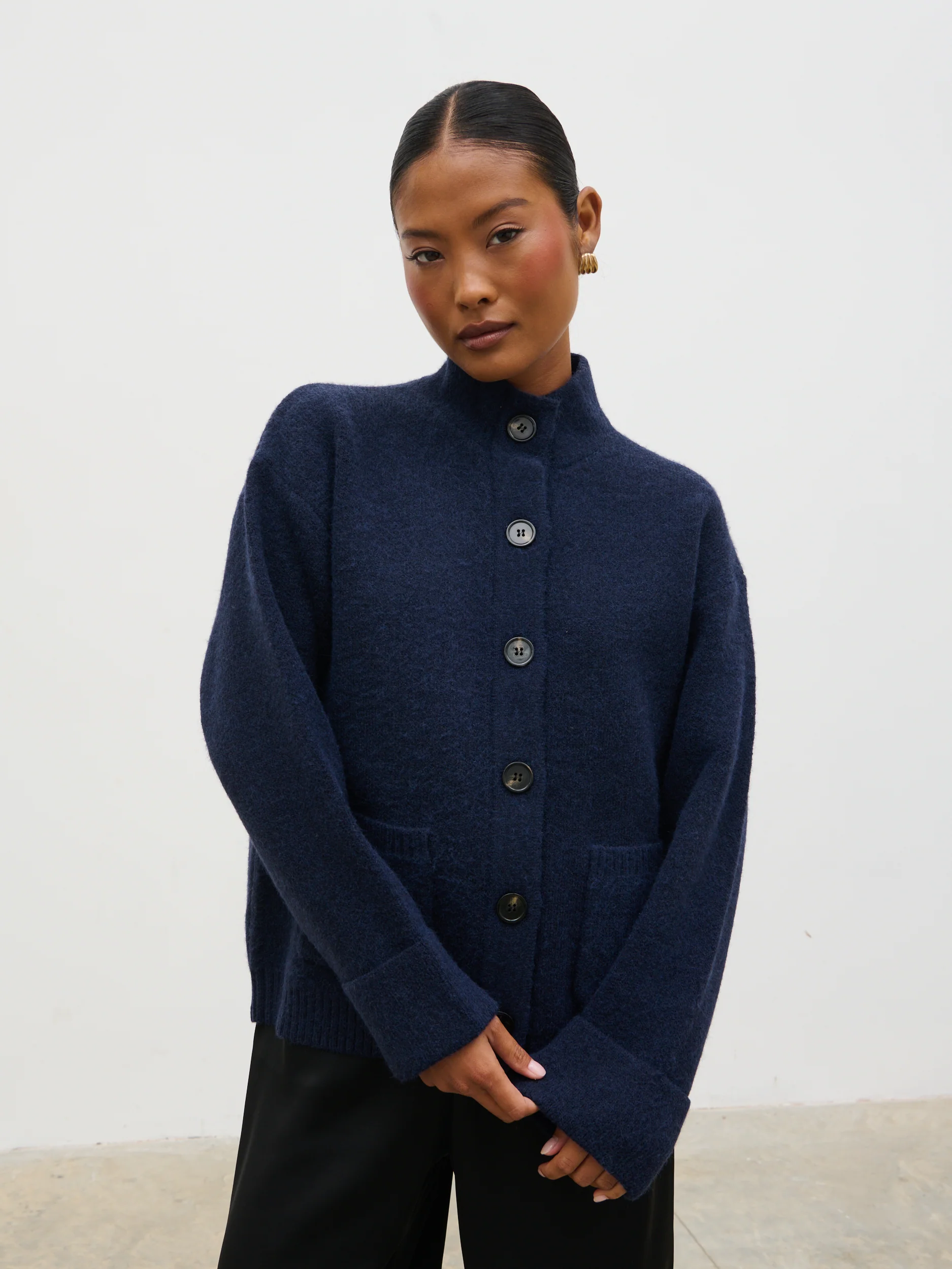 Leighton High Neck Knit Cardigan - Navy Marl - Image 5