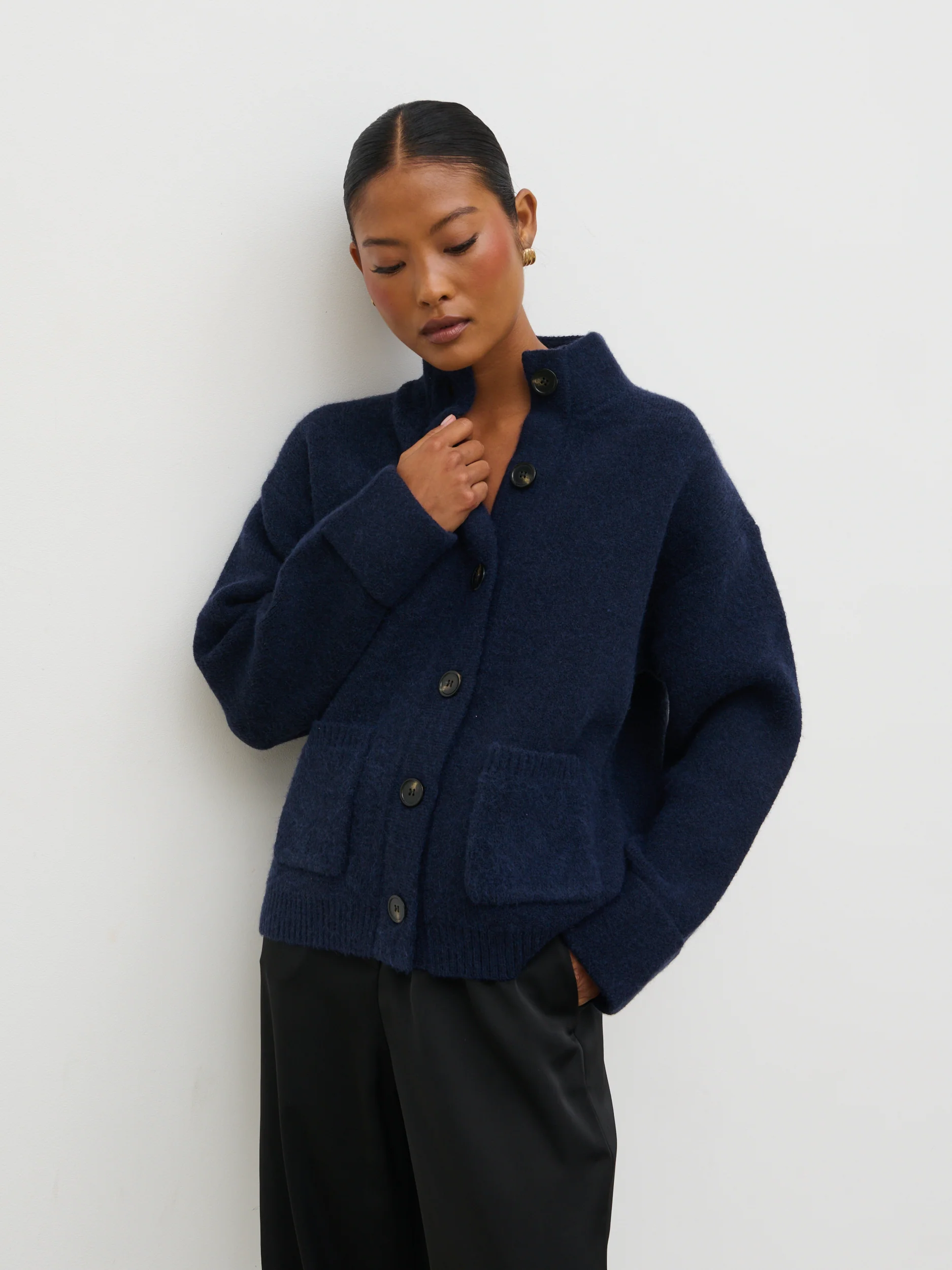 Leighton High Neck Knit Cardigan - Navy Marl - Image 6
