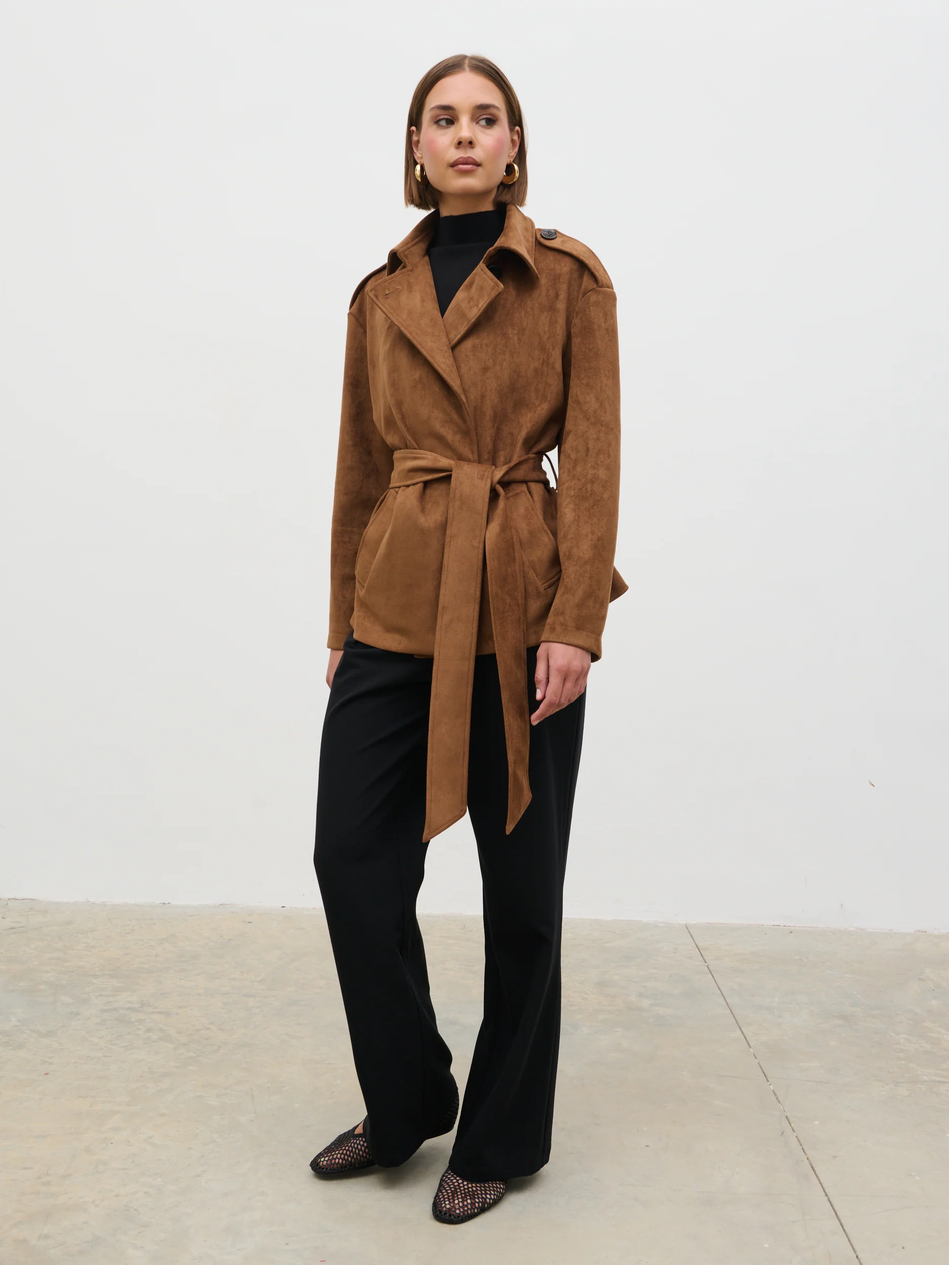 Lennon Faux Suede Tie Waist Jacket - Dark Tan - Image 4