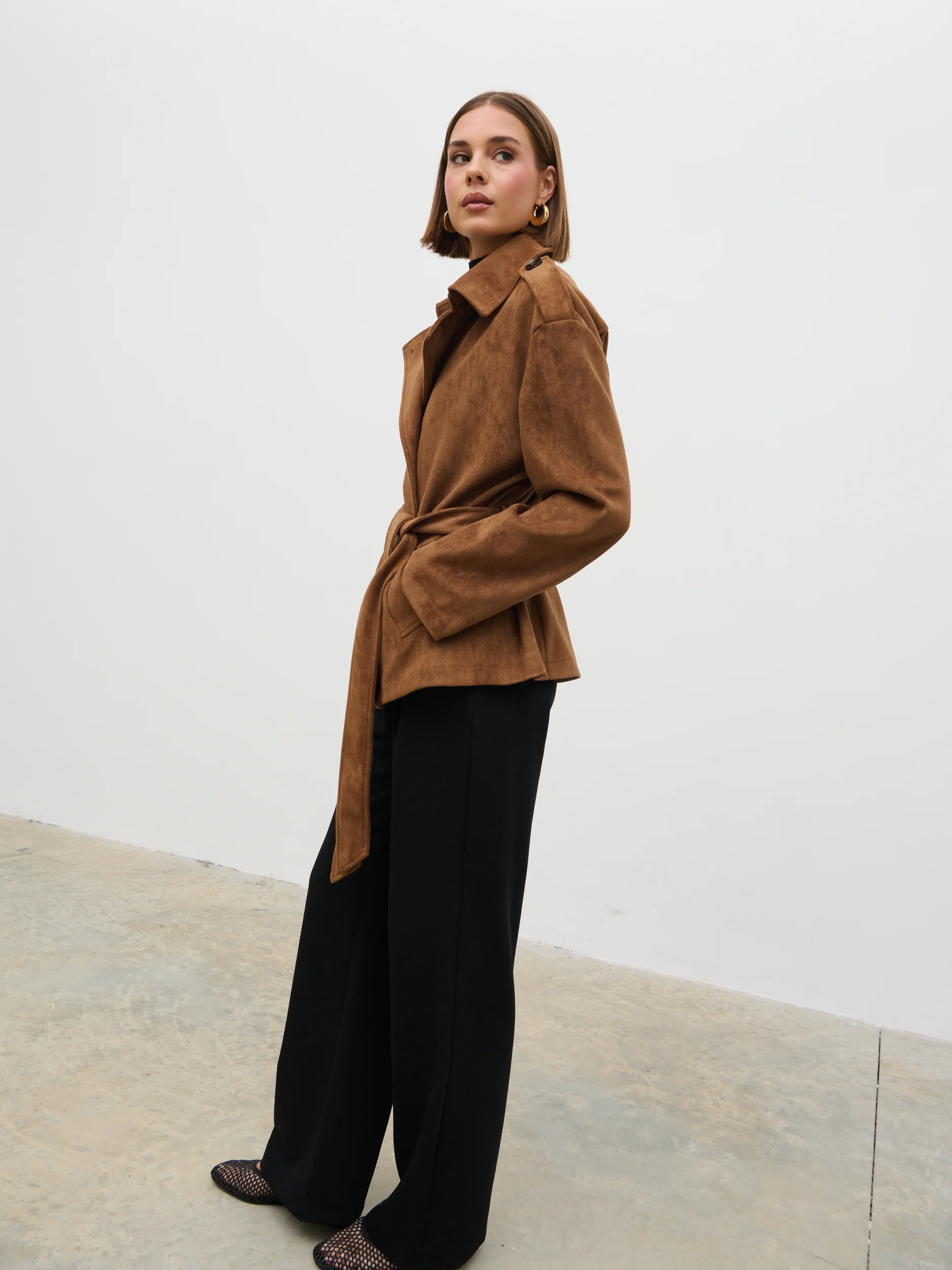 Lennon Faux Suede Tie Waist Jacket - Dark Tan - Image 5