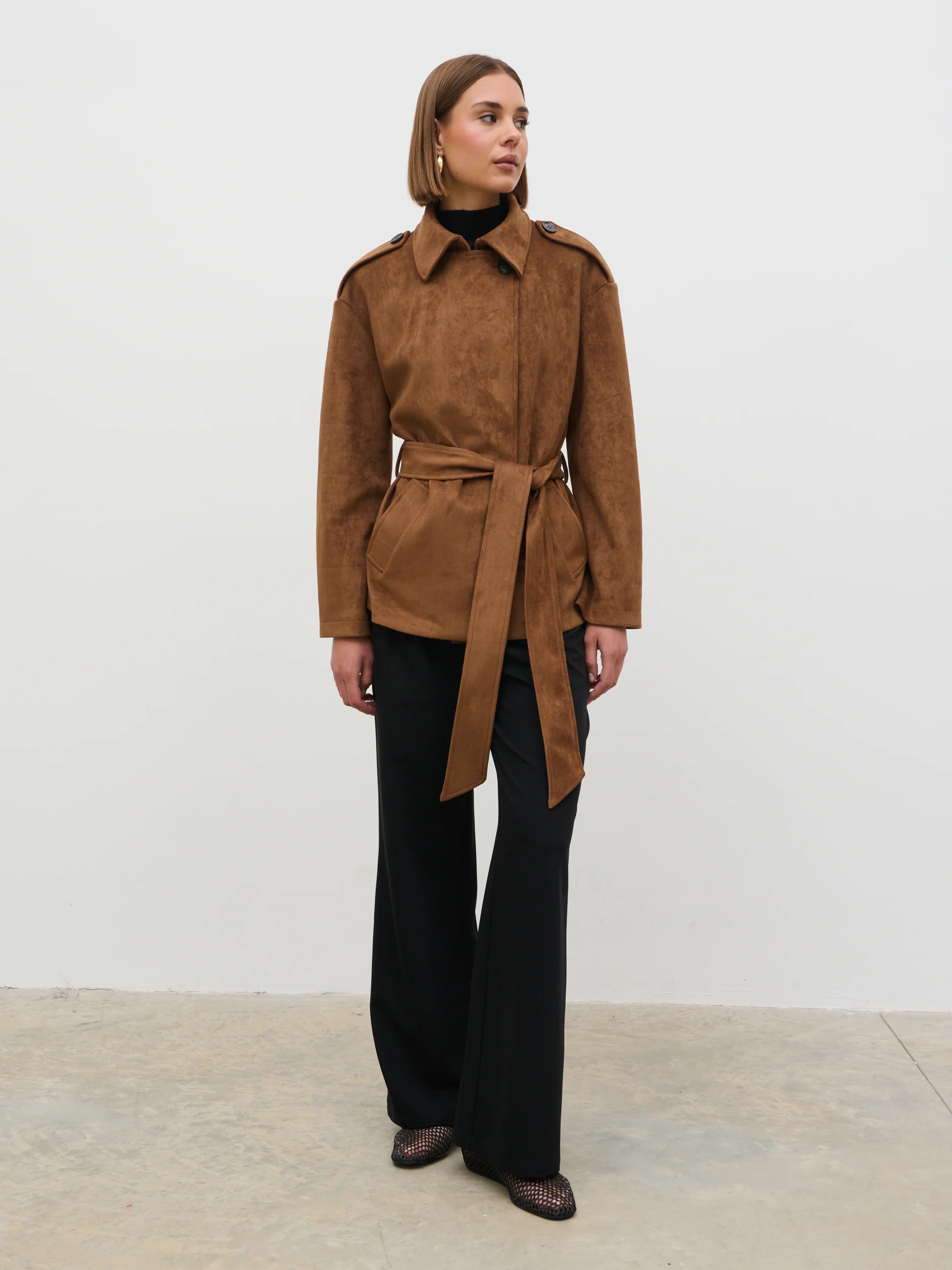 Lennon Faux Suede Tie Waist Jacket - Dark Tan - Image 6