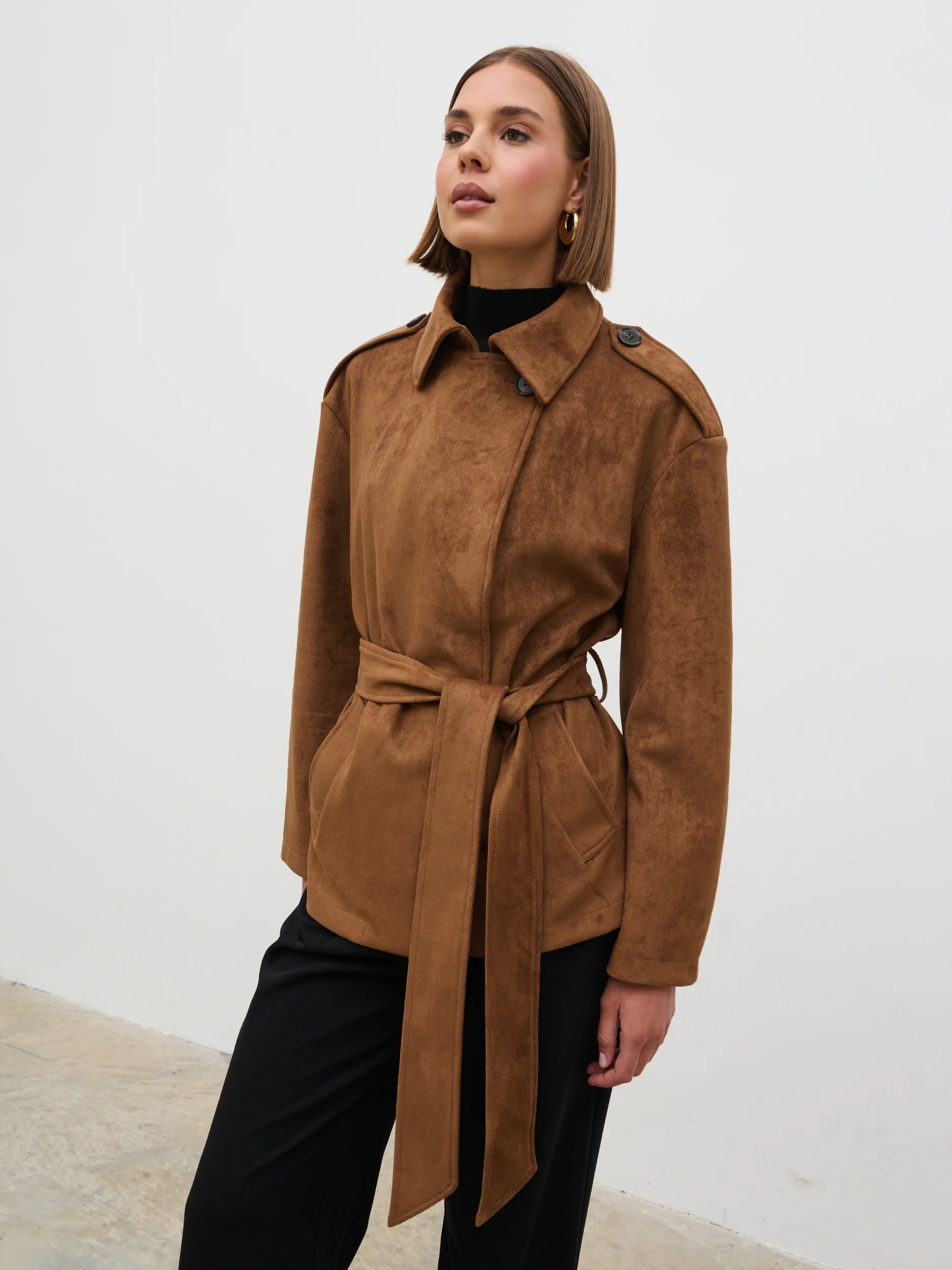 Lennon Faux Suede Tie Waist Jacket - Dark Tan - Image 7