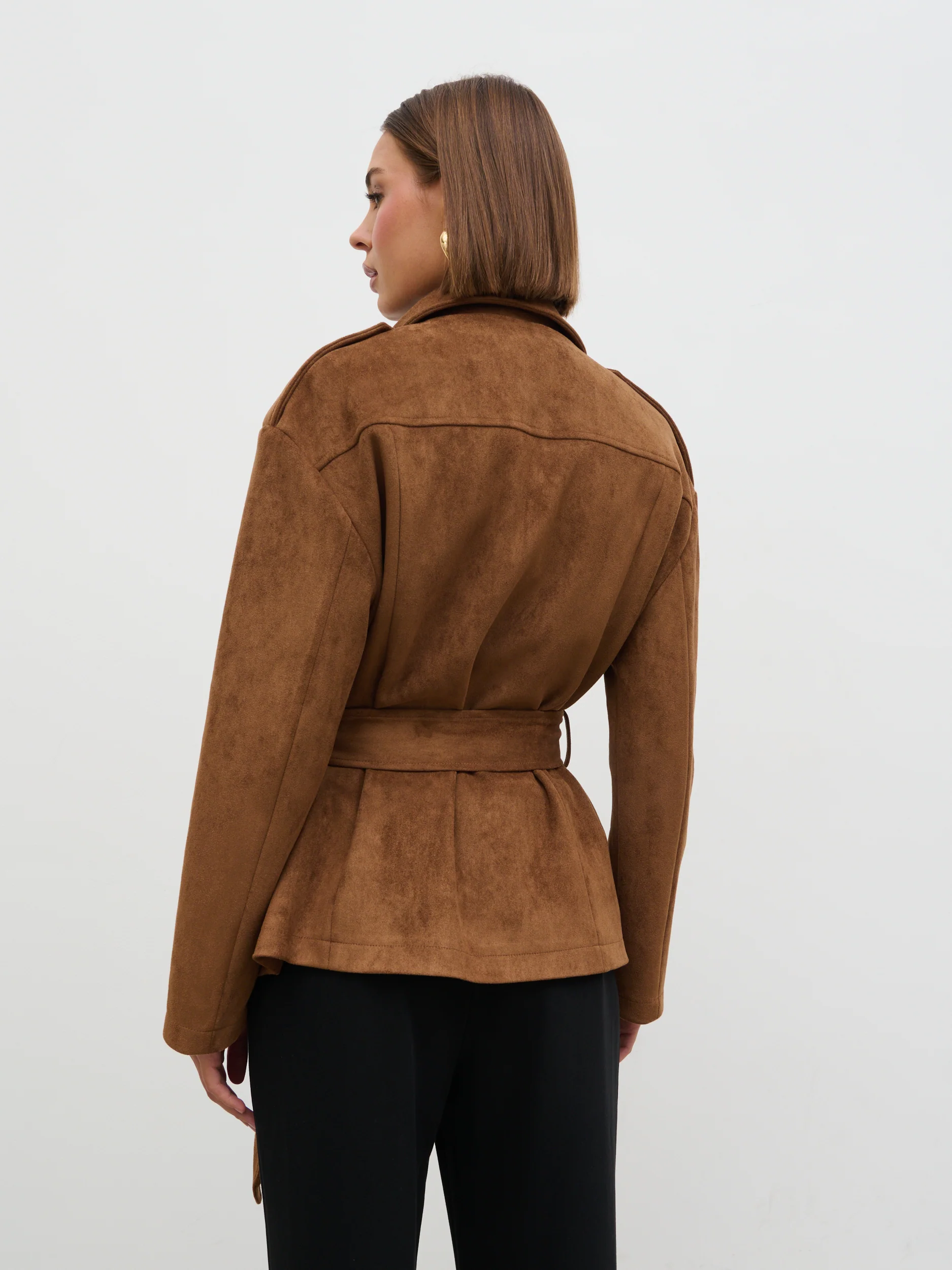 Lennon Faux Suede Tie Waist Jacket - Dark Tan - Image 8