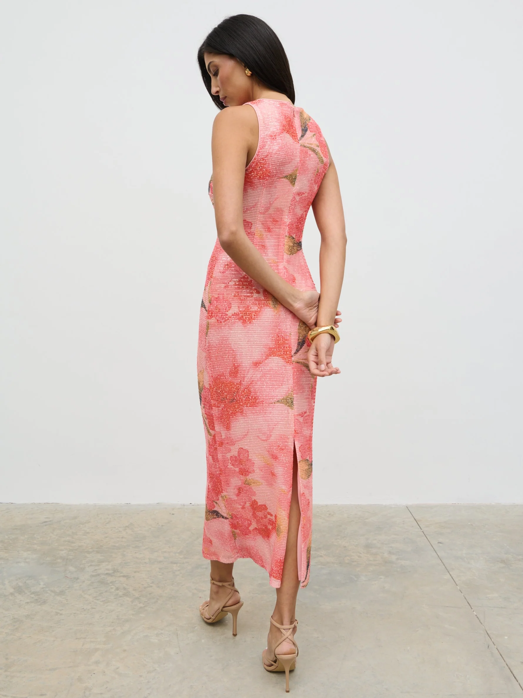 Lilou Printed Sequin Midaxi Dress - Orange Large Scale Floral - Image 6