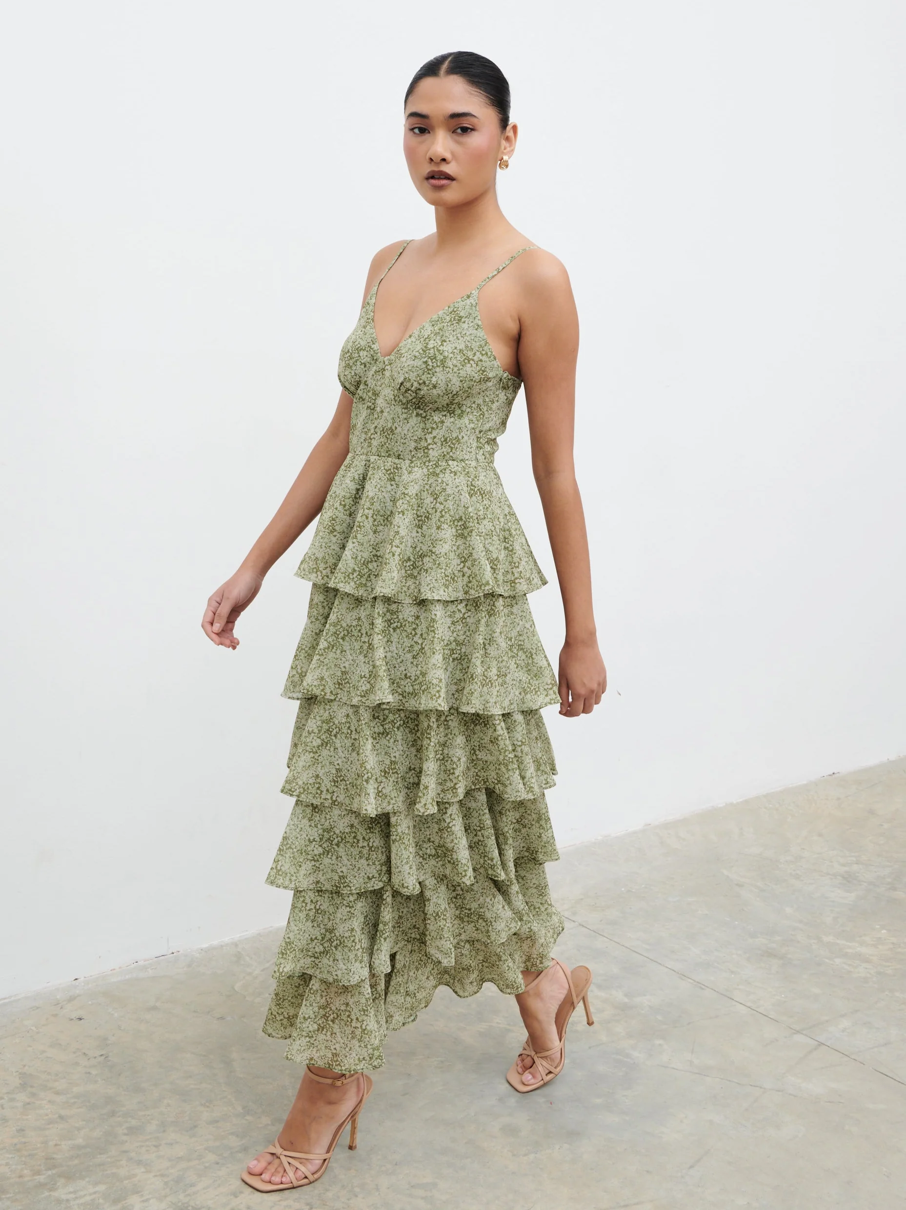 Lissy Ruffle Midaxi Dress - Green Abstract Print - Image 3