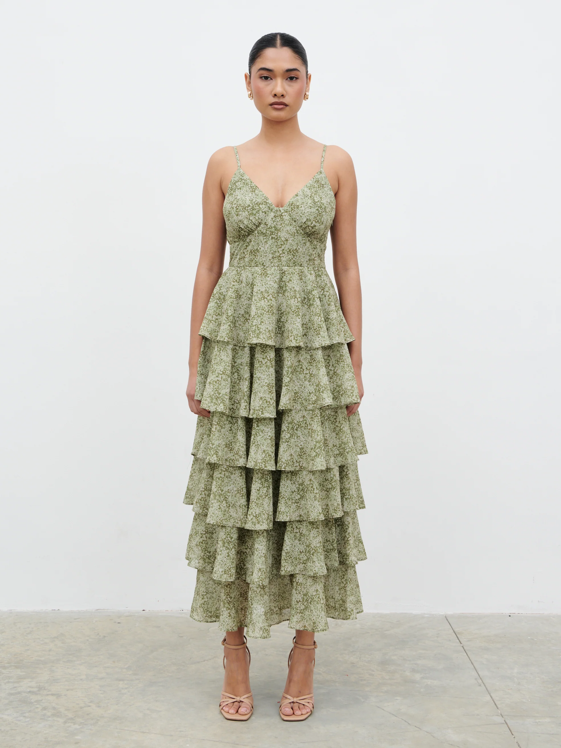 Lissy Ruffle Midaxi Dress - Green Abstract Print - Image 6