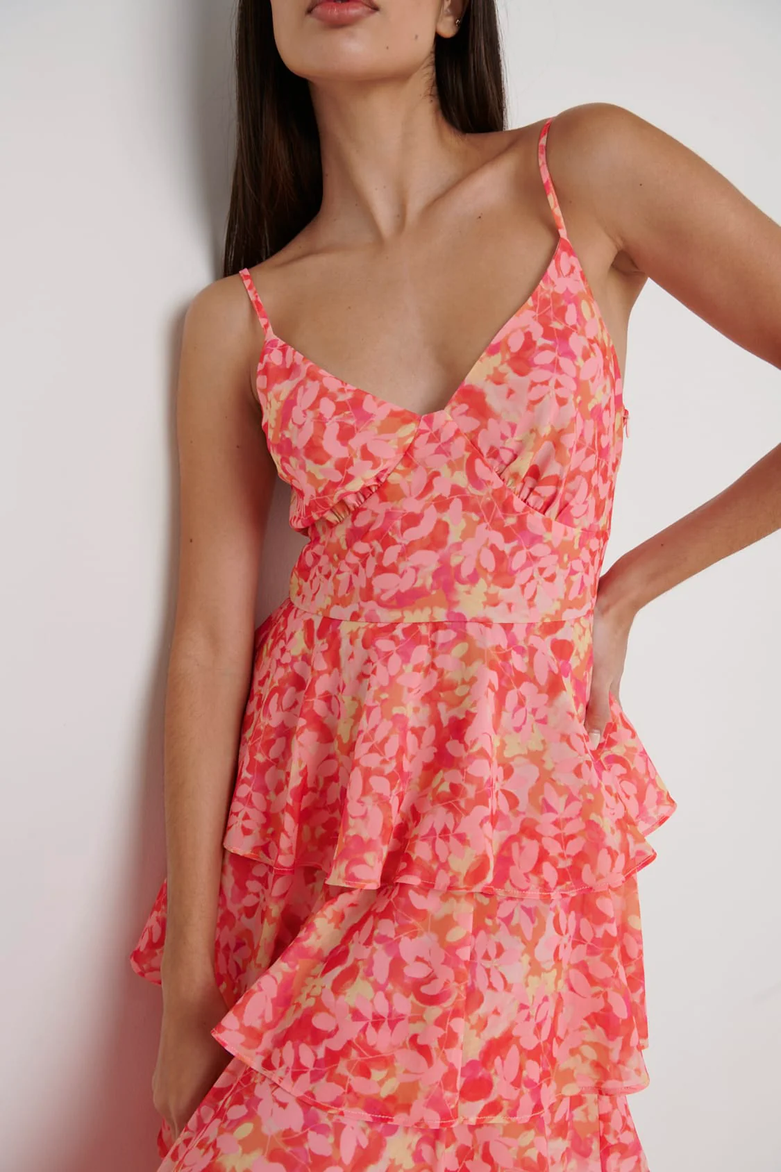 Lissy Ruffle Midaxi Dress - Orange and Pink Floral - Image 2
