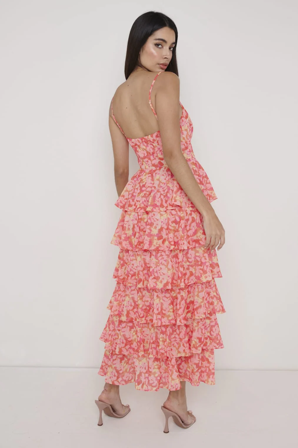 Lissy Ruffle Midaxi Dress - Orange and Pink Floral - Image 3