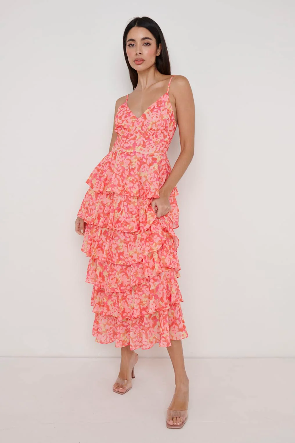 Lissy Ruffle Midaxi Dress - Orange and Pink Floral - Image 4