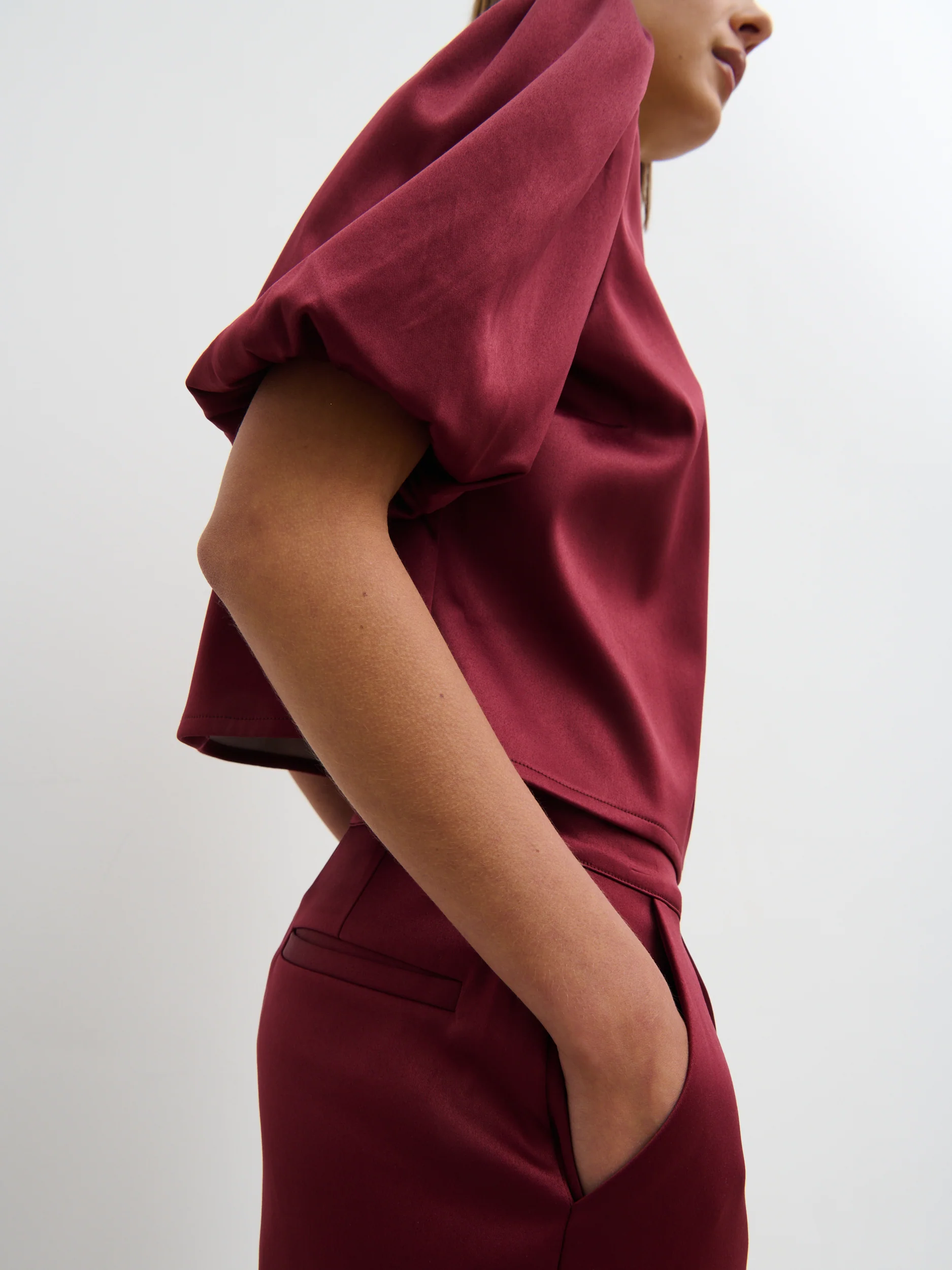 Lorah Puff Sleeve Bonded Satin Top - Wine - Image 4