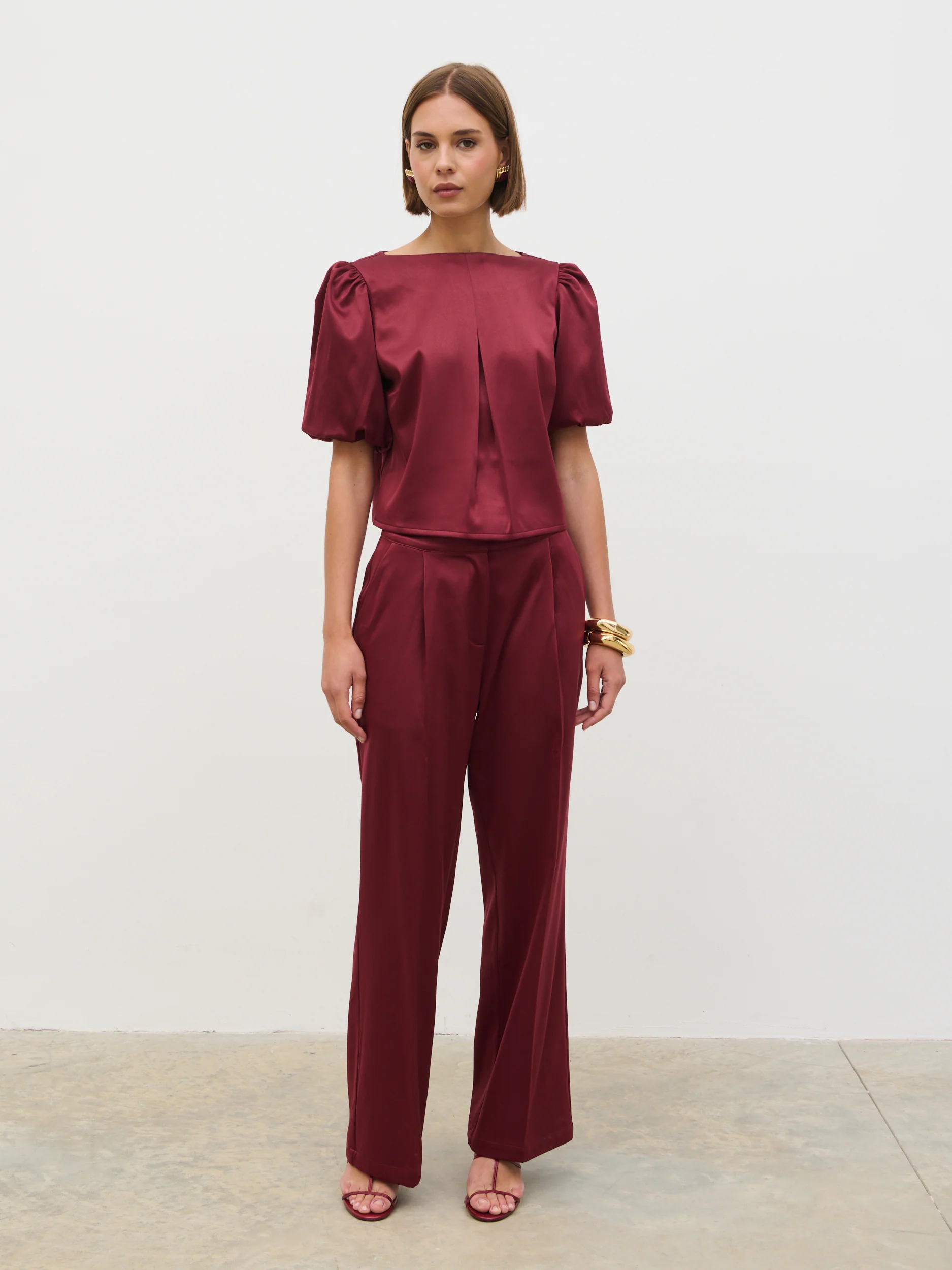 Lorah Puff Sleeve Bonded Satin Top - Wine - Image 6