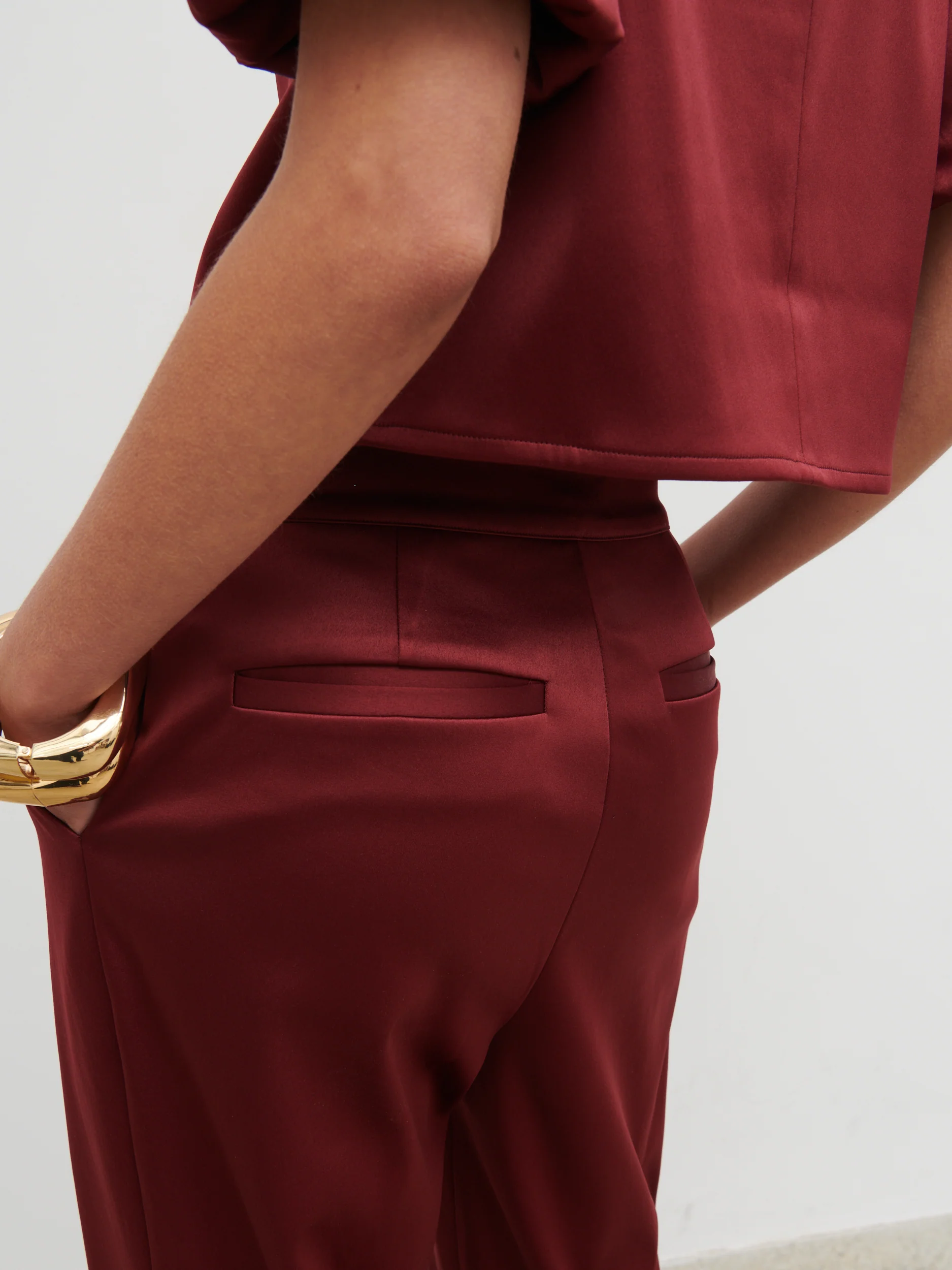 Lorah Wide Leg Bonded Satin Trousers - Wine - Image 3