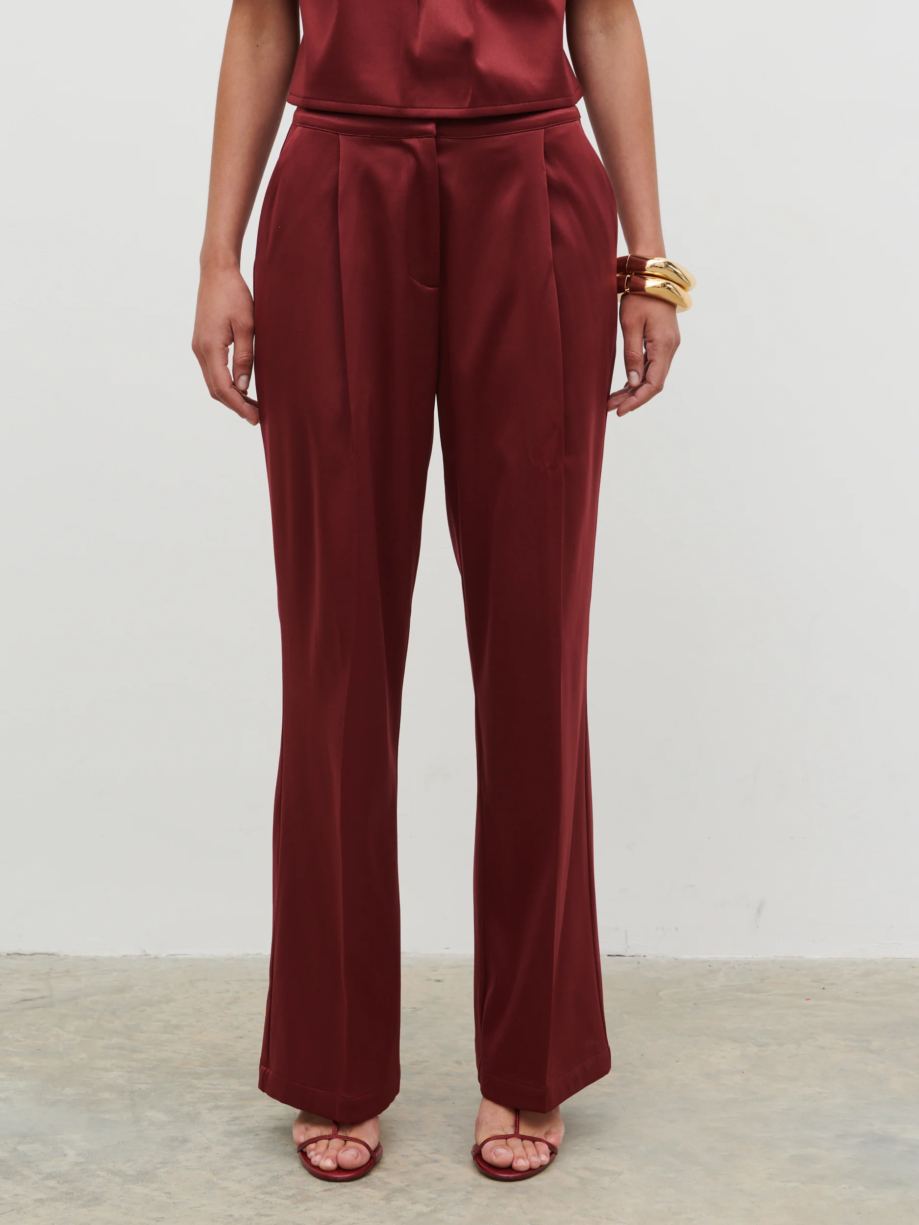 Lorah Wide Leg Bonded Satin Trousers - Wine - Image 4