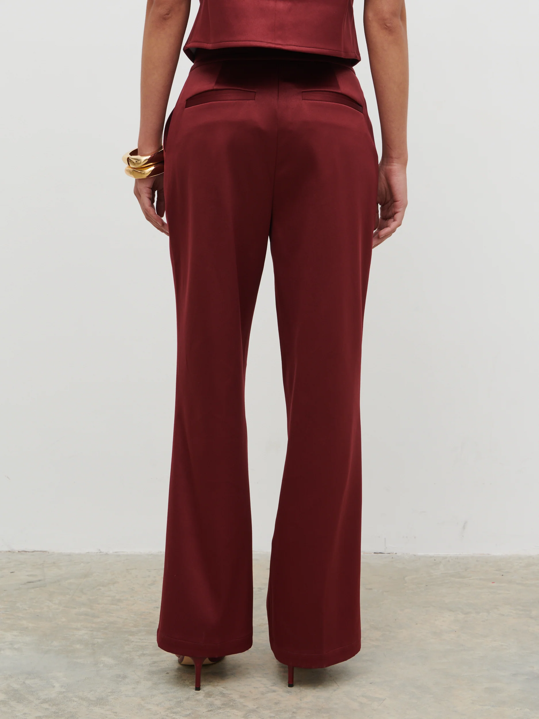 Lorah Wide Leg Bonded Satin Trousers - Wine - Image 5